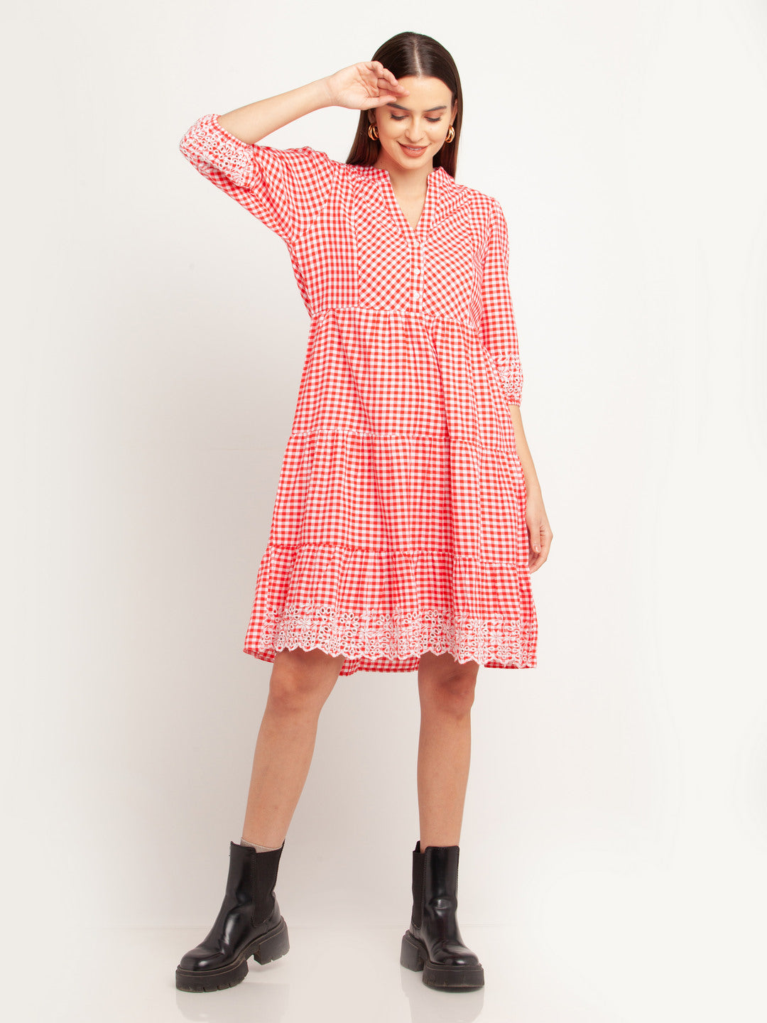 Red Lace Elbow Sleeves Short Dress
