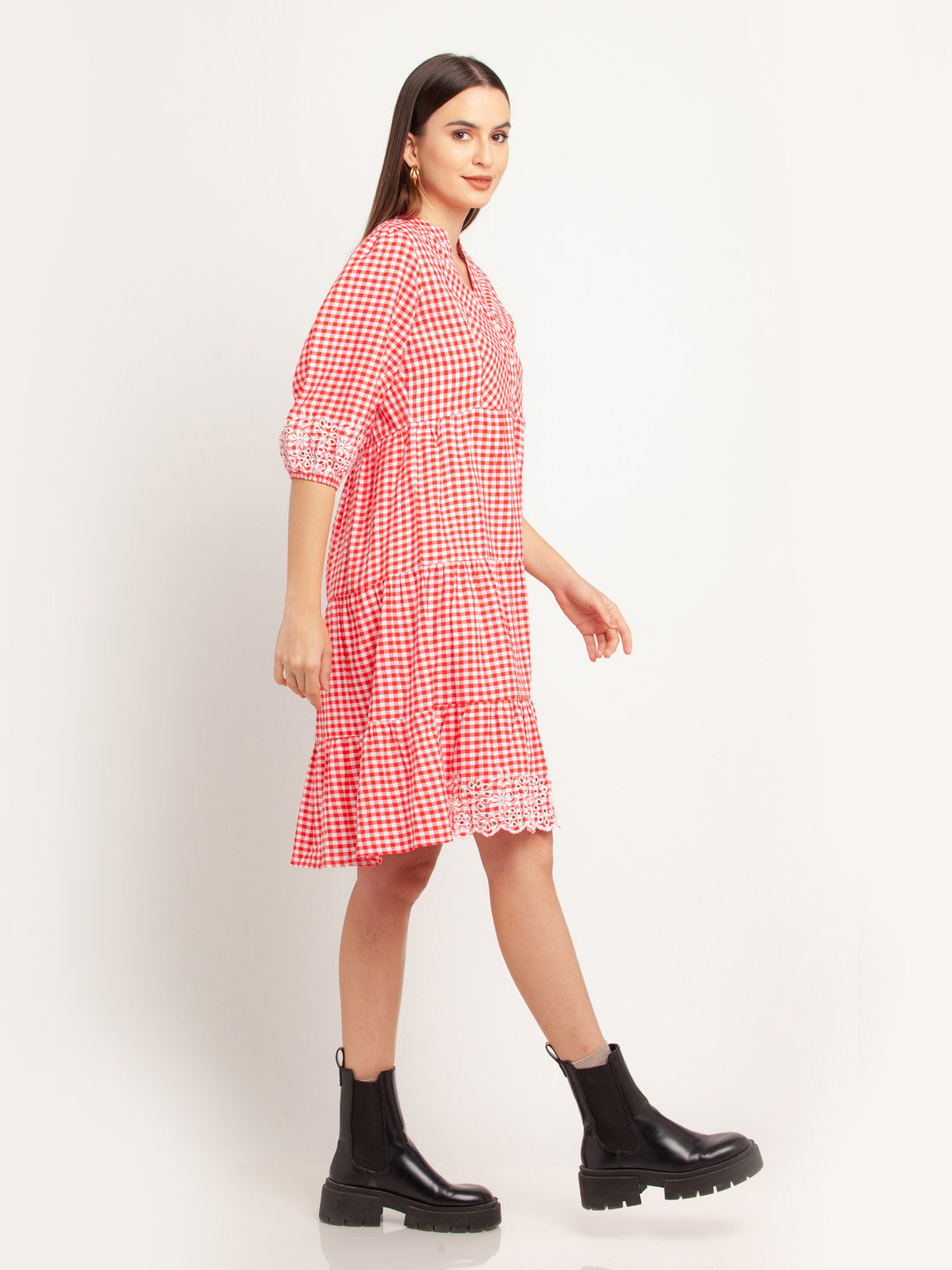 Red Lace Elbow Sleeves Short Dress