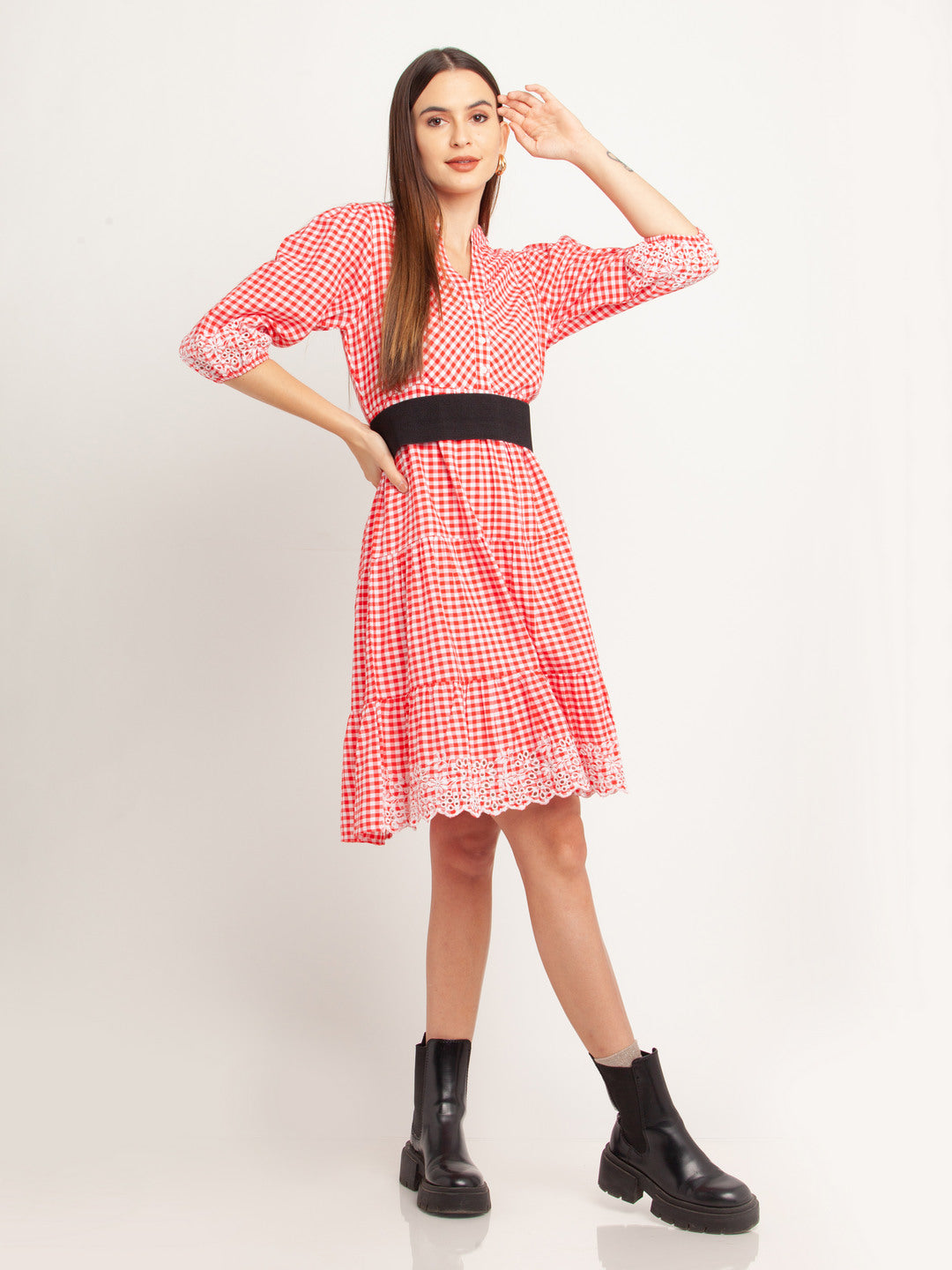 Red Lace Elbow Sleeves Short Dress