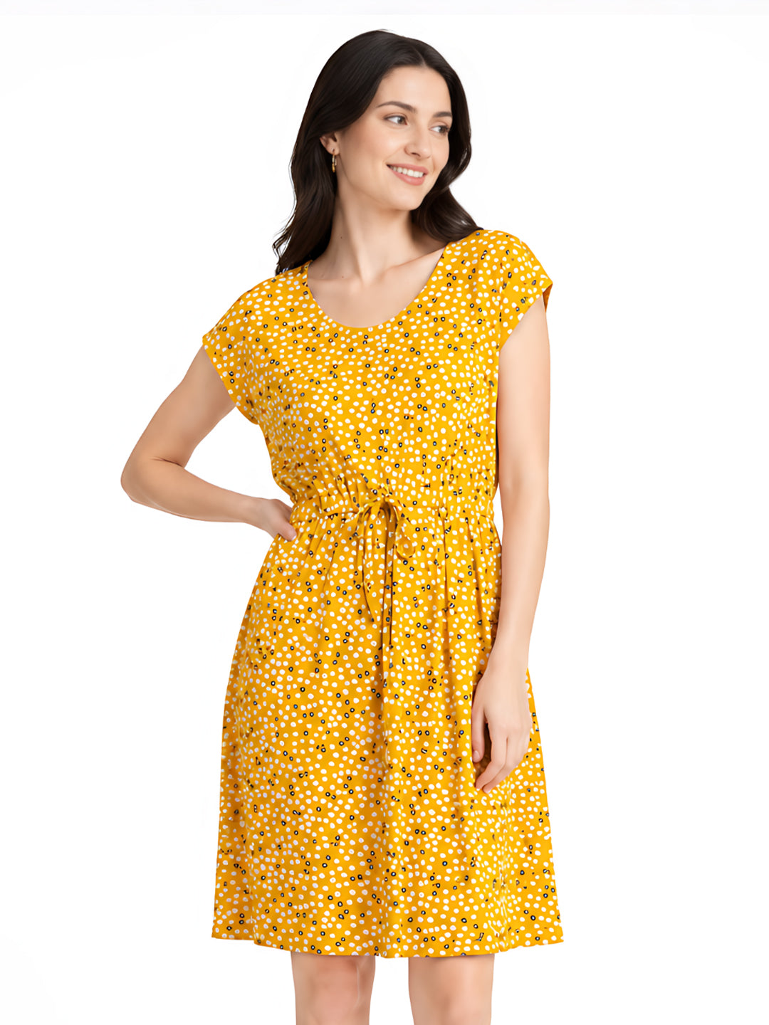 Yellow Solid Short Sleeves Short Dress