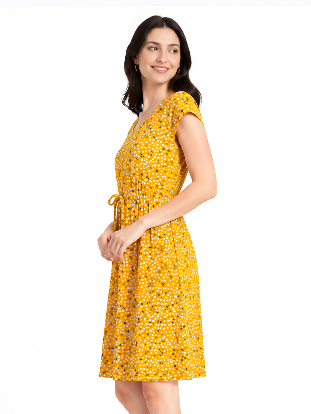 Yellow Solid Short Sleeves Short Dress