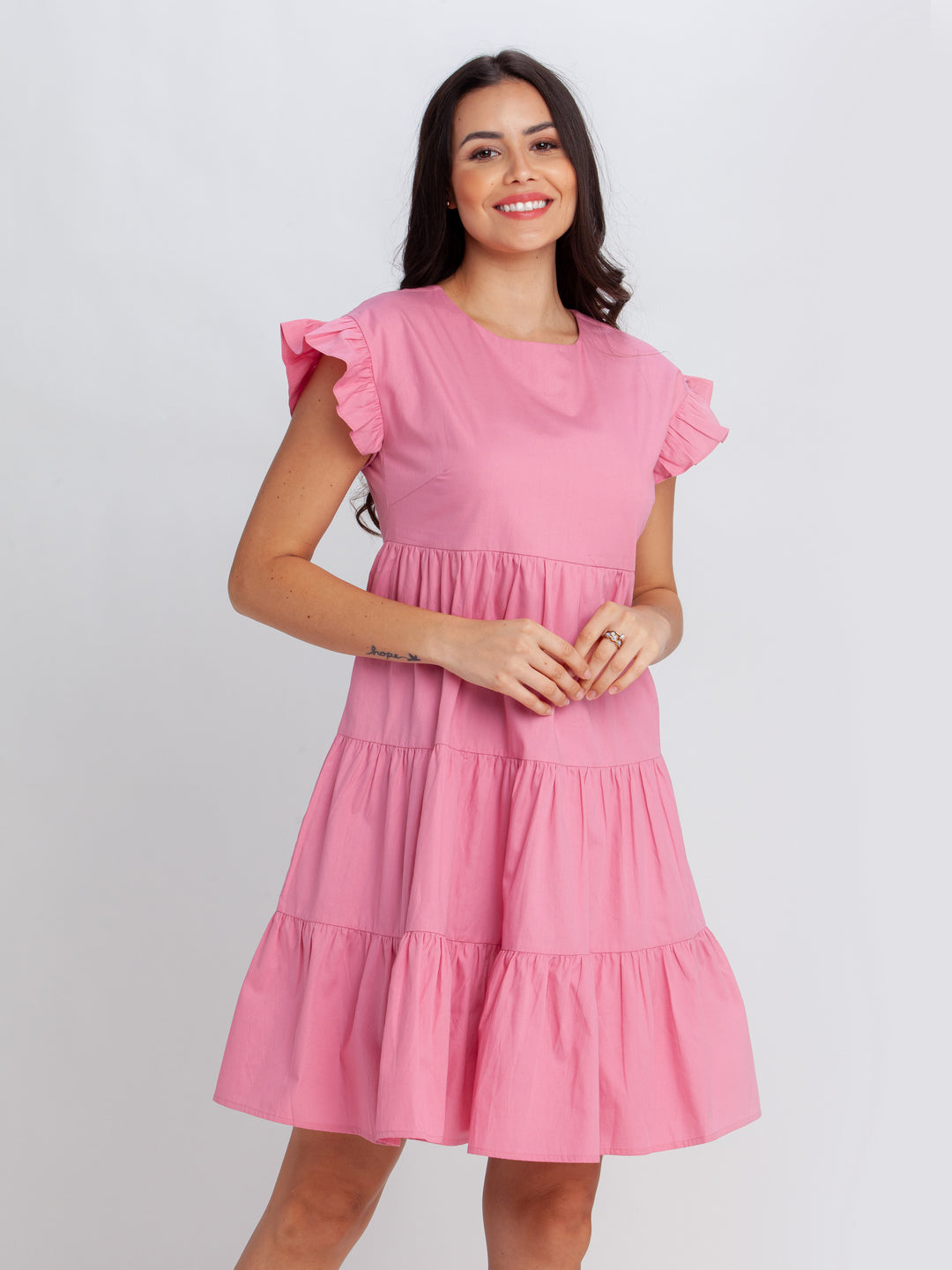 Pink Solid Tiered Short Dress