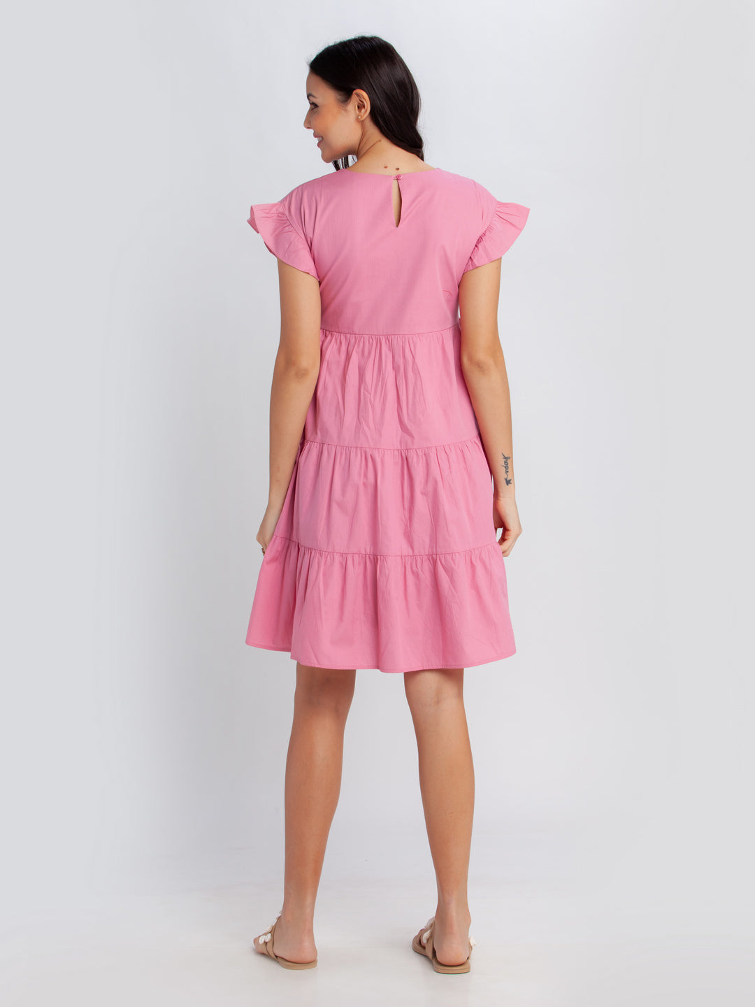 Pink Solid Tiered Short Dress