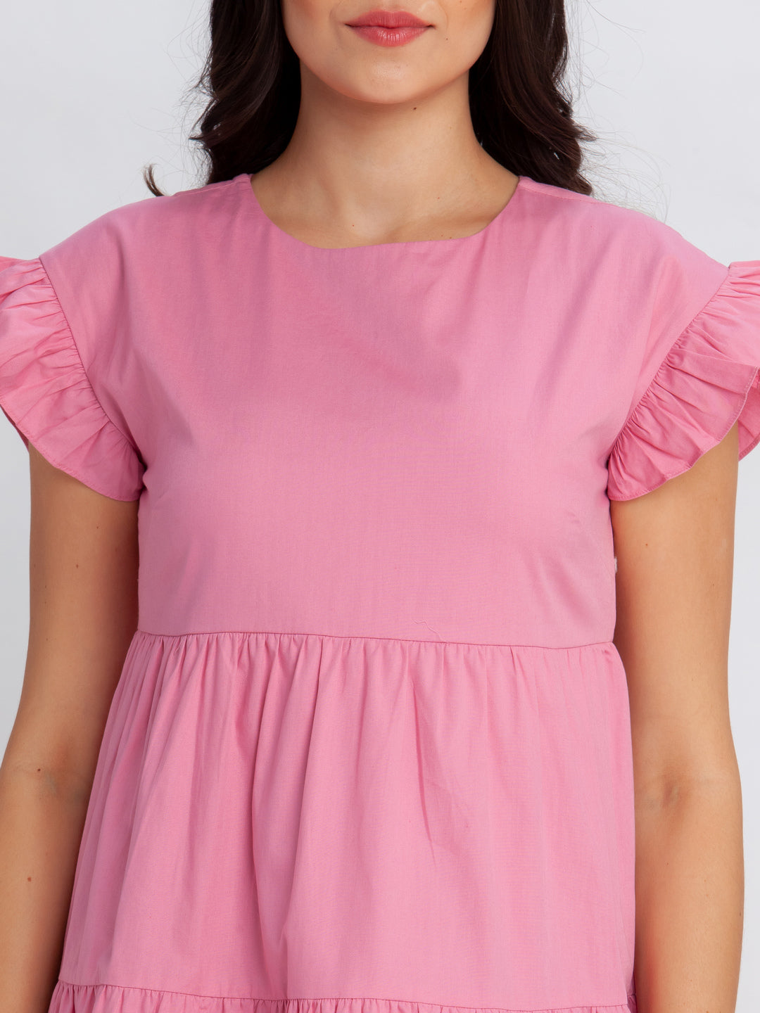 Pink Solid Tiered Short Dress