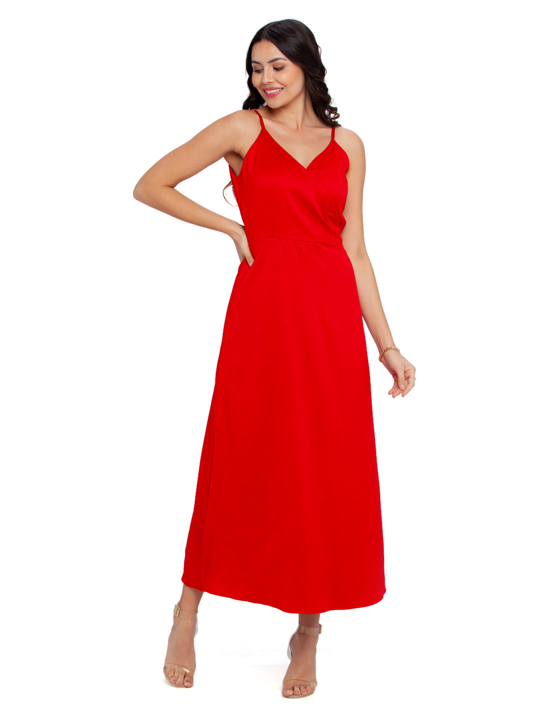 Red Solid A-Line Maxi Dress