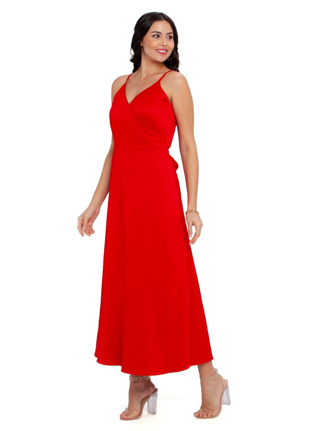 Red Solid A-Line Maxi Dress