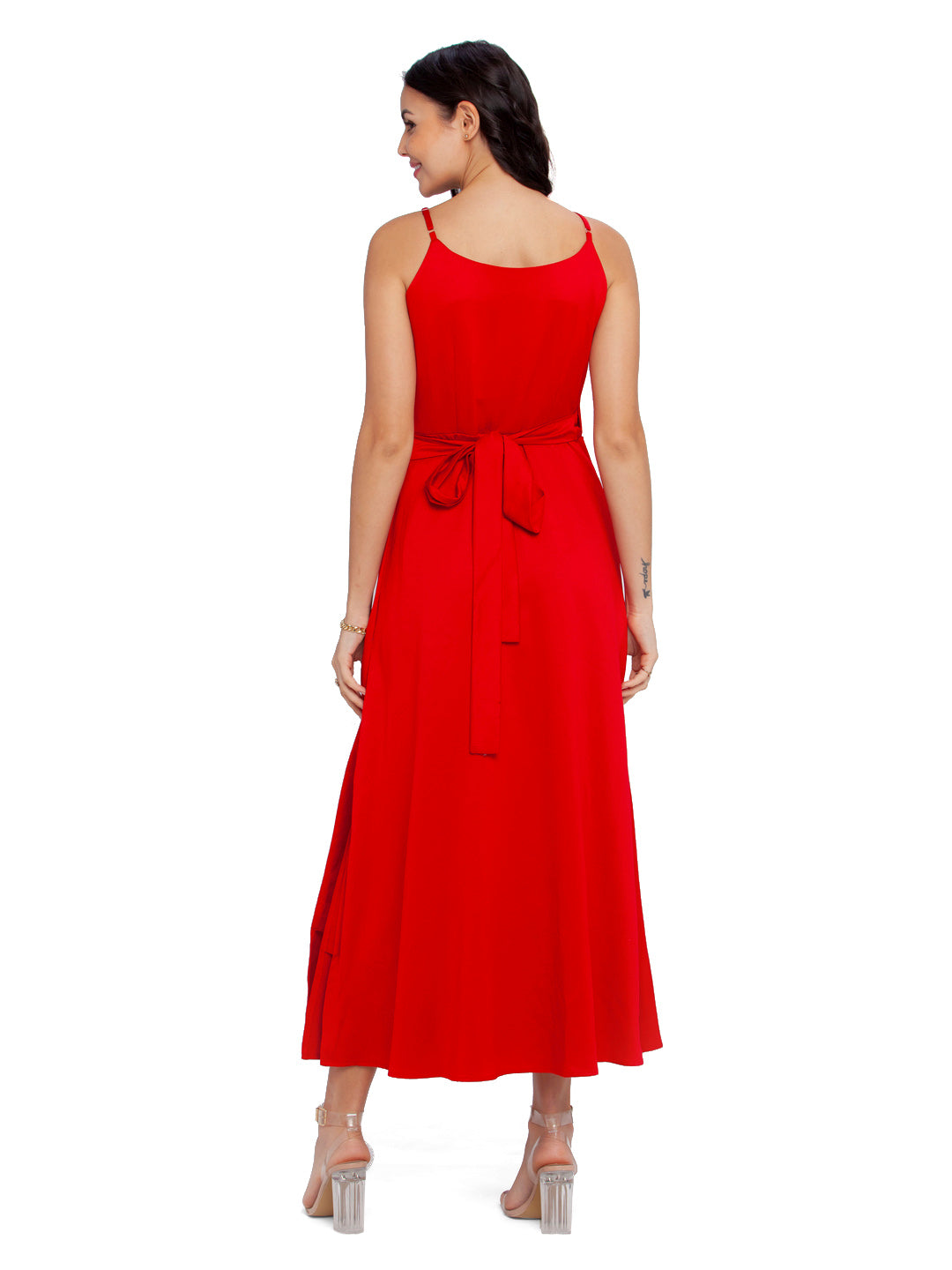 Red Solid A-Line Maxi Dress