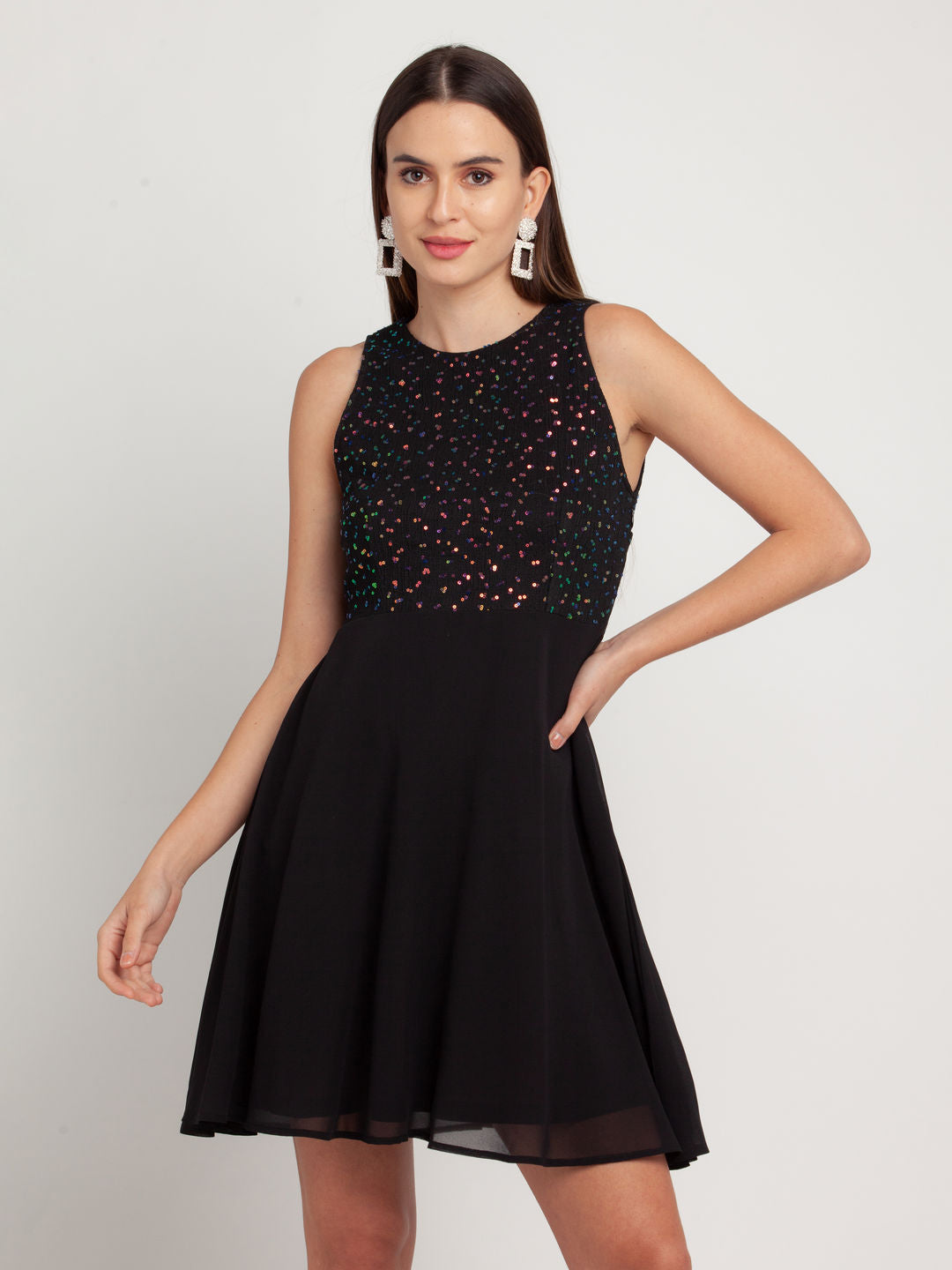 Black Self Design Short Dress