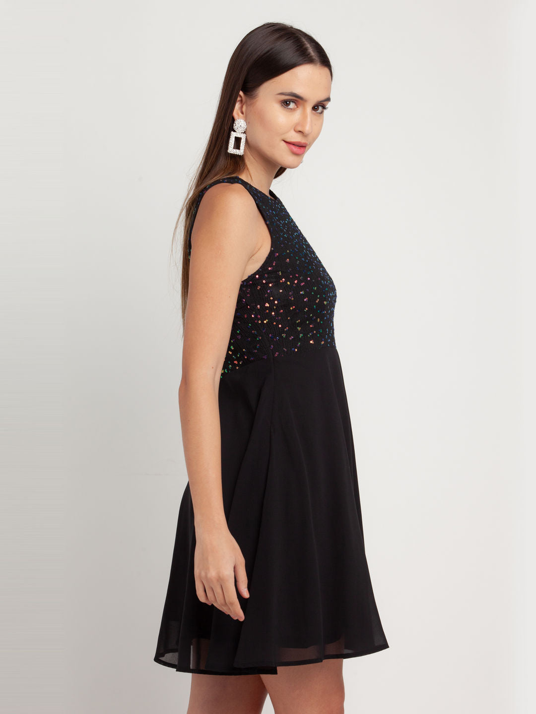 Black Self Design Short Dress