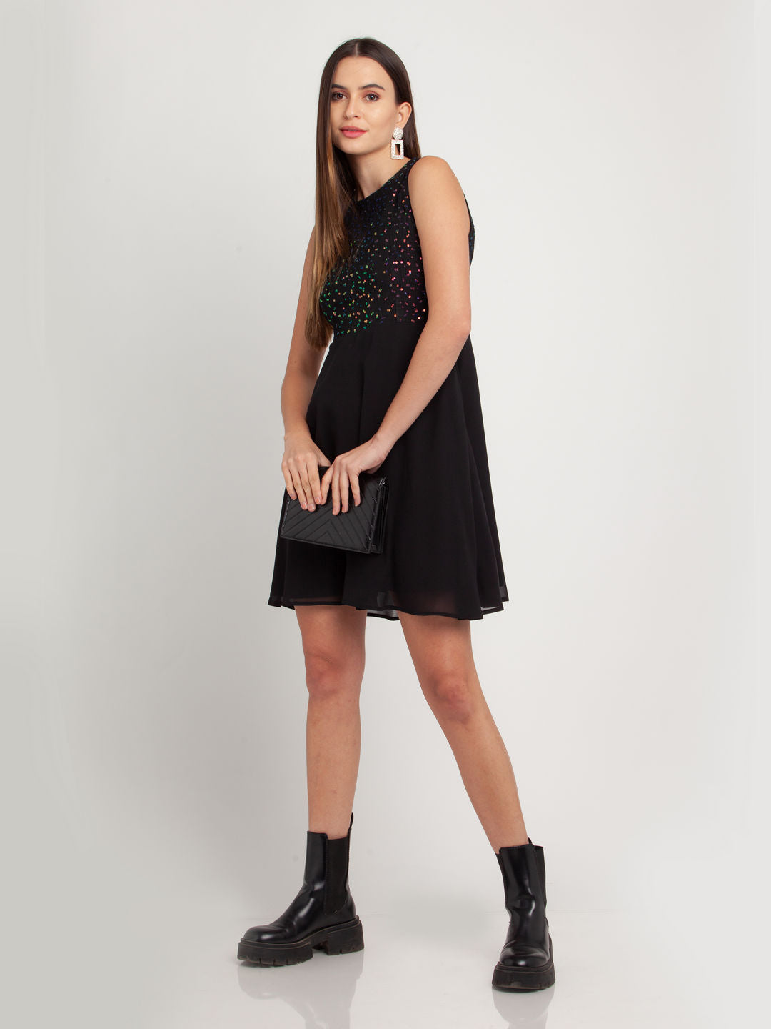 Black Self Design Short Dress