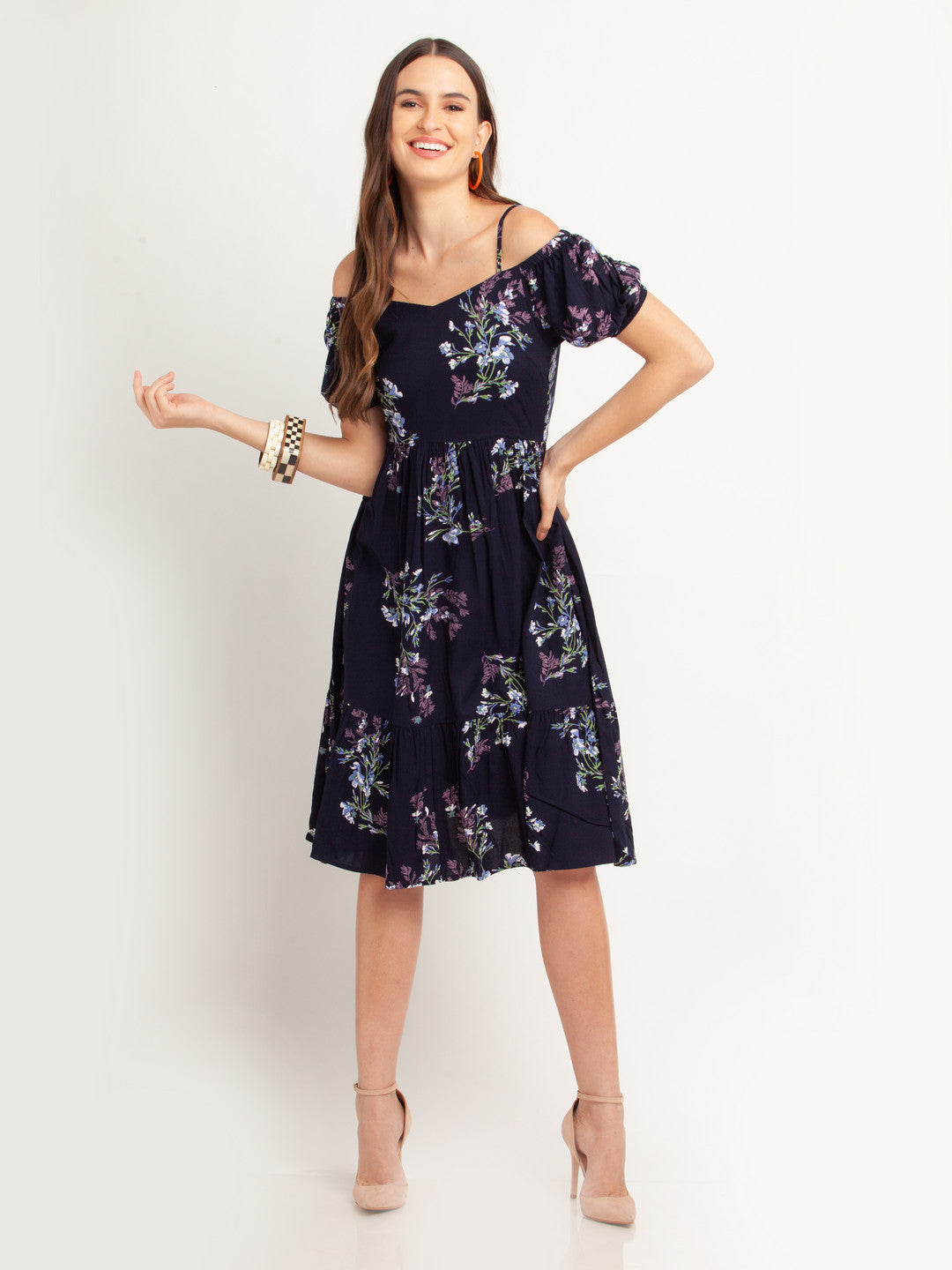 Navy Blue Printed Puff Sleeve Midi Dress