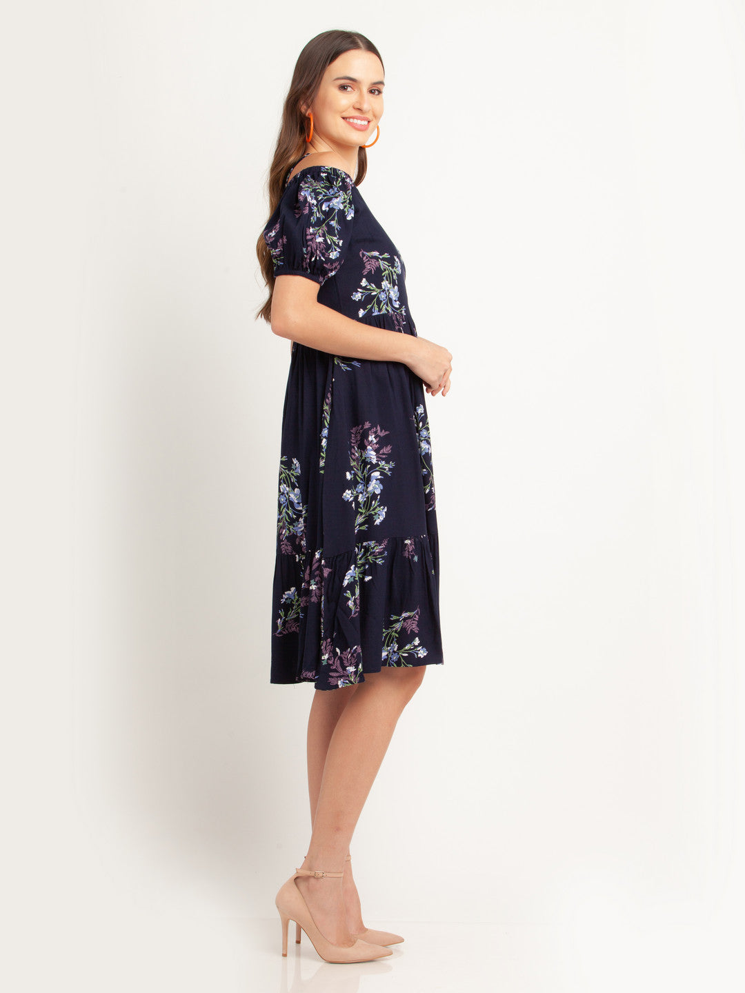 Navy Blue Printed Puff Sleeve Midi Dress