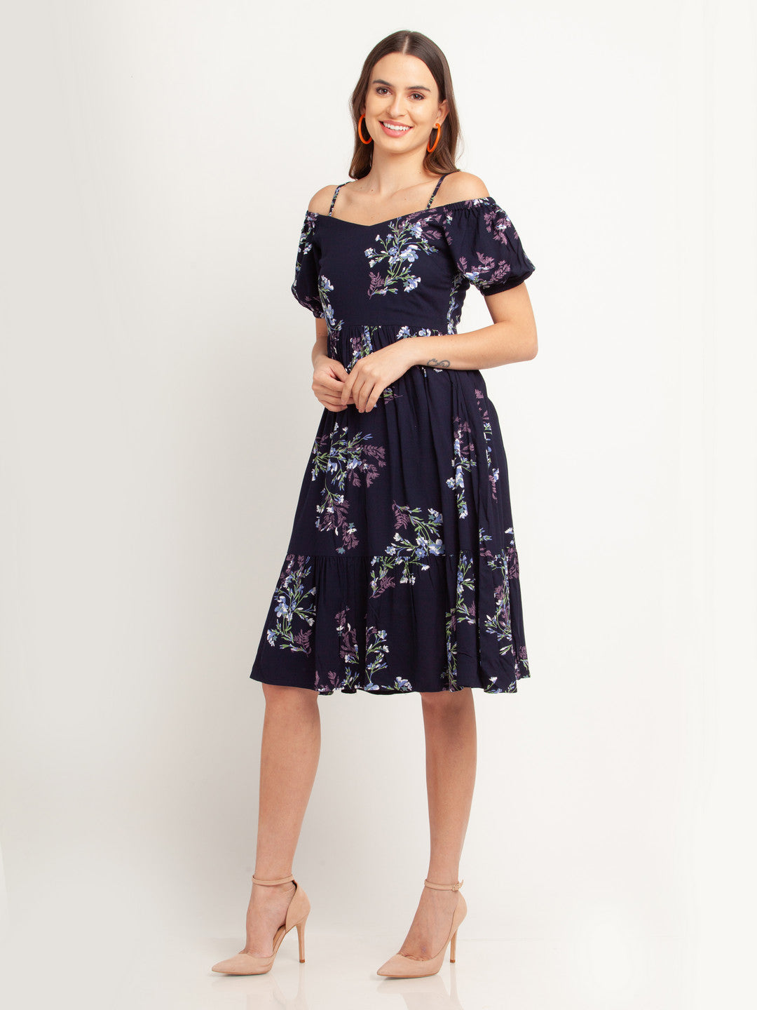 Navy Blue Printed Puff Sleeve Midi Dress