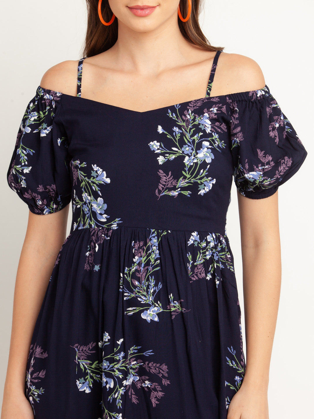 Navy Blue Printed Puff Sleeve Midi Dress