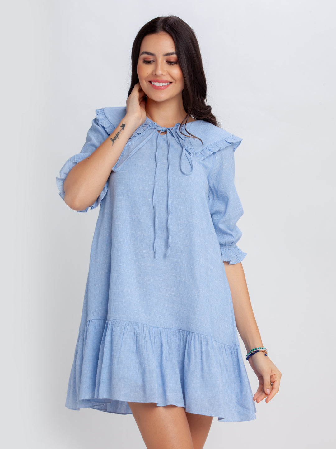 Blue Solid Gathered Short Dress