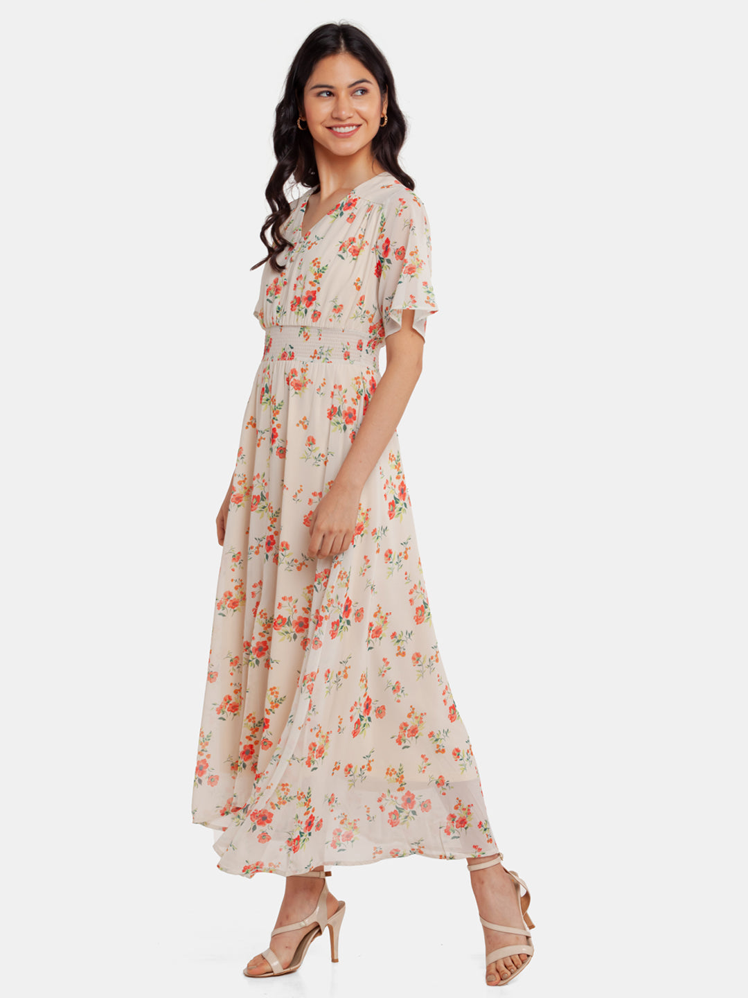 Off White Printed Elasticated Maxi Dress