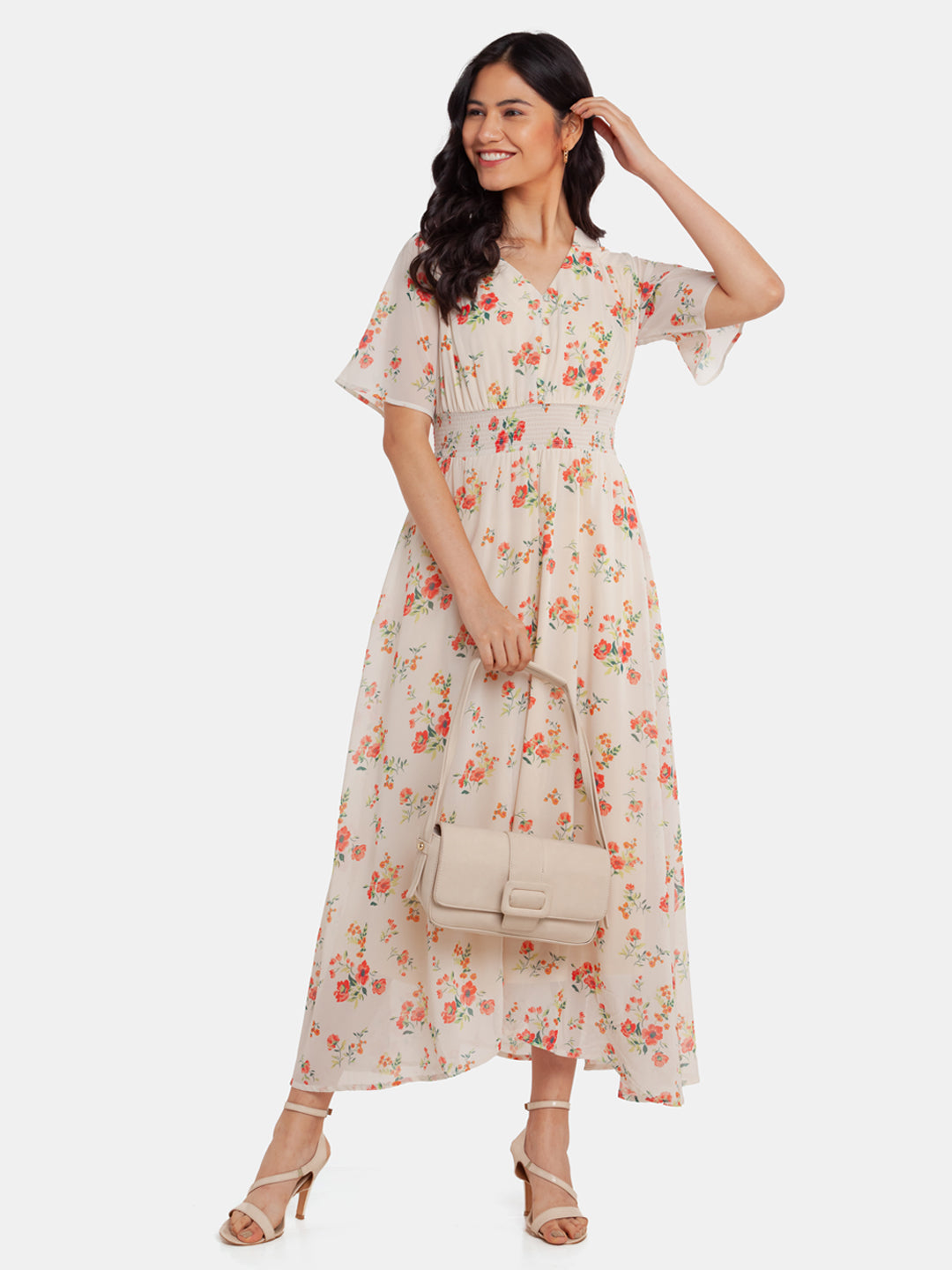Off White Printed Elasticated Maxi Dress