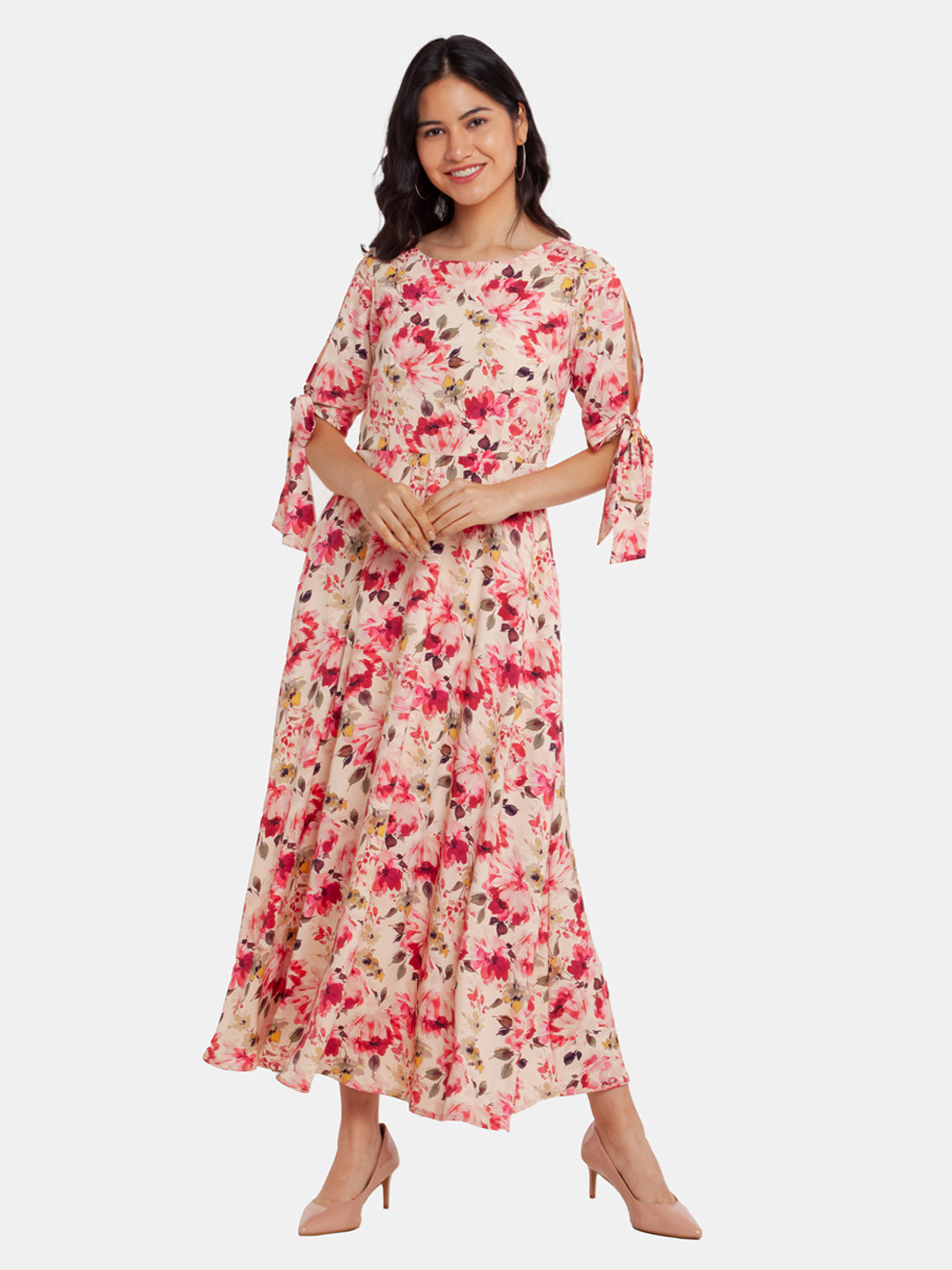 Off White Floral Printed Tie-Up Maxi Dress