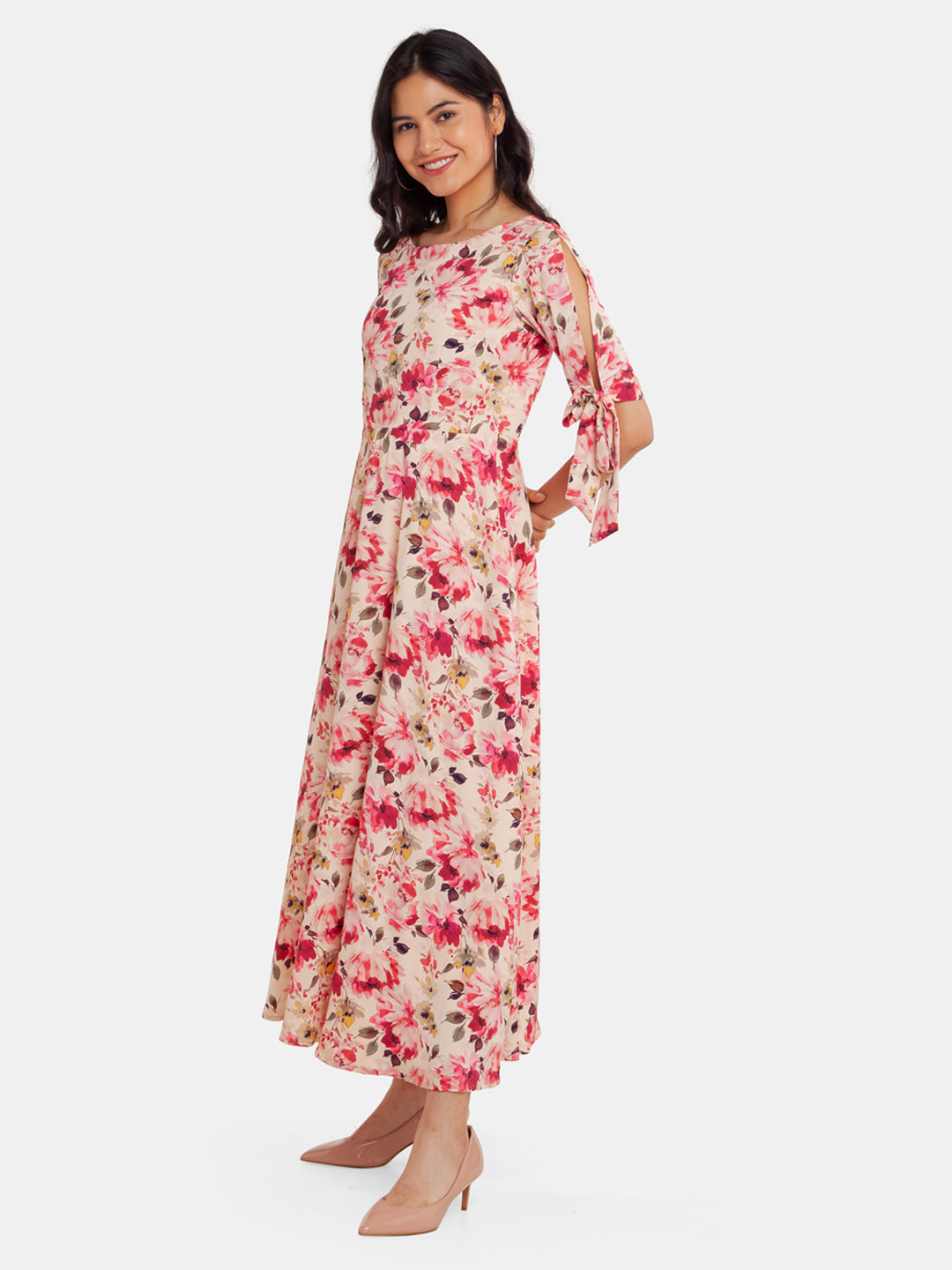 Off White Floral Printed Tie-Up Maxi Dress