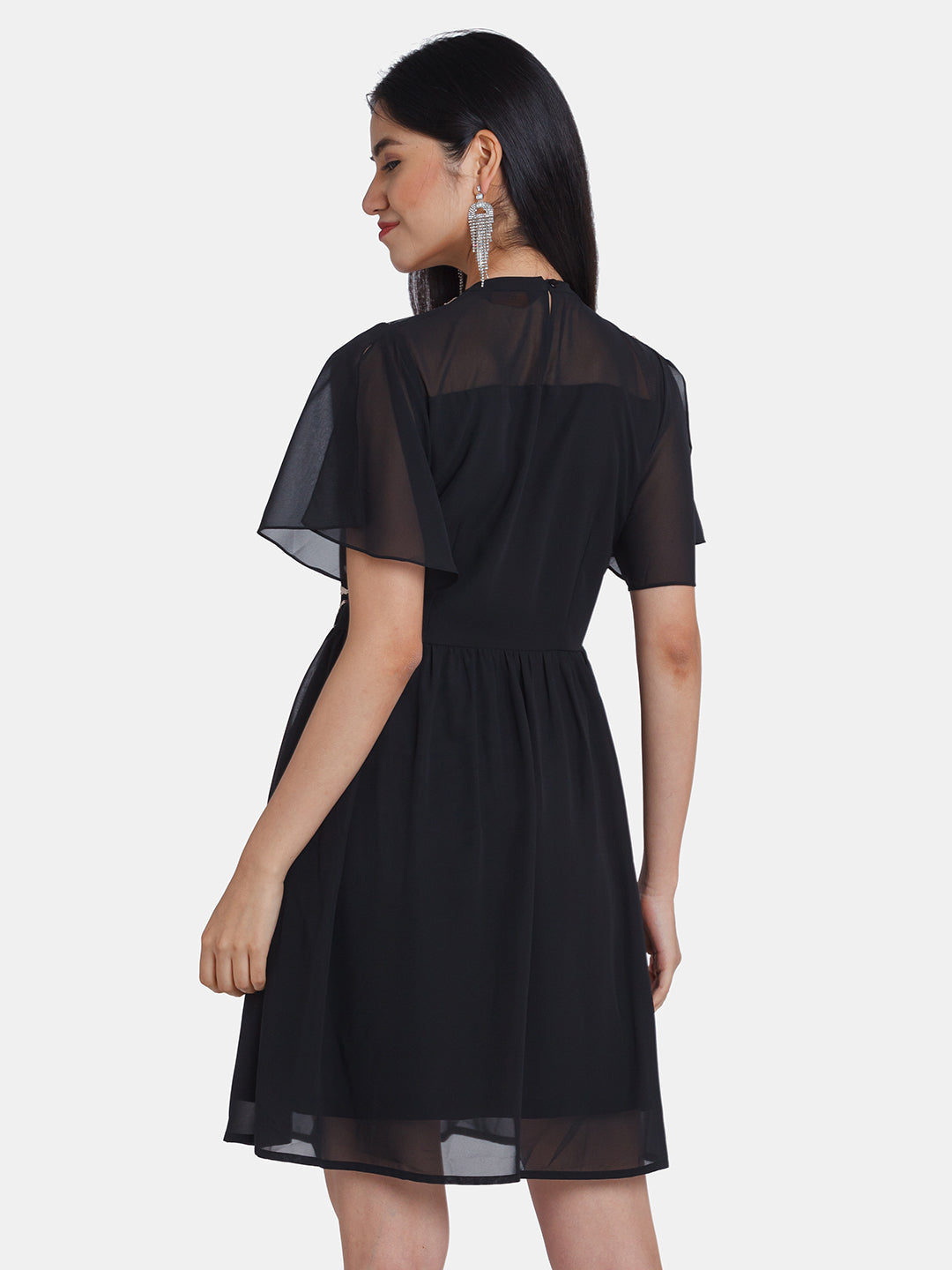 Black Embellished Flared Sleeve Short Dress