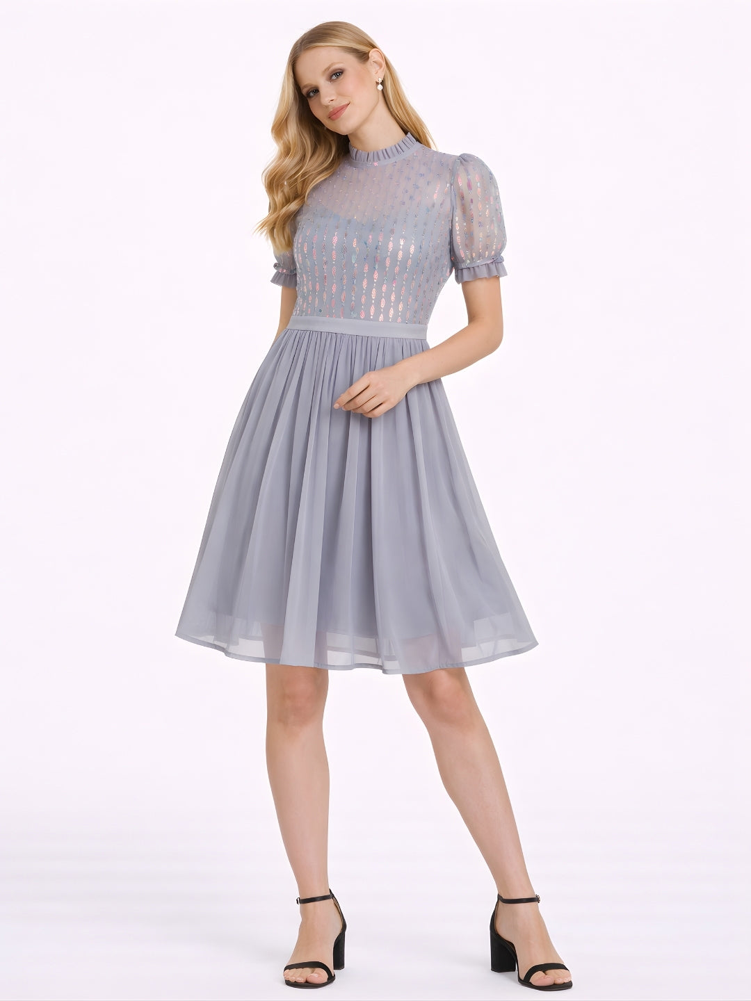 Grey Embellished Puff Sleeve Short Dress