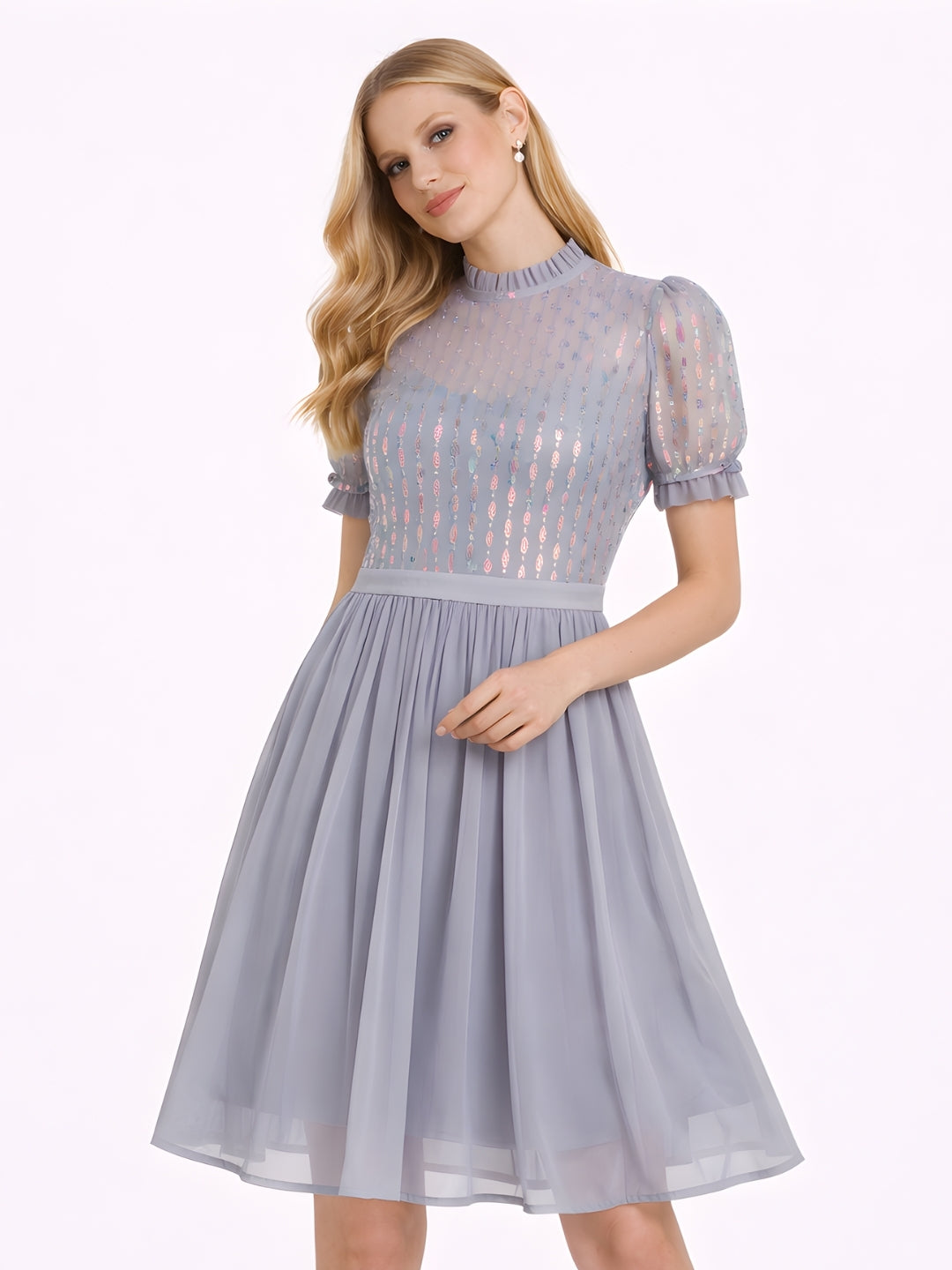 Grey Embellished Puff Sleeve Short Dress