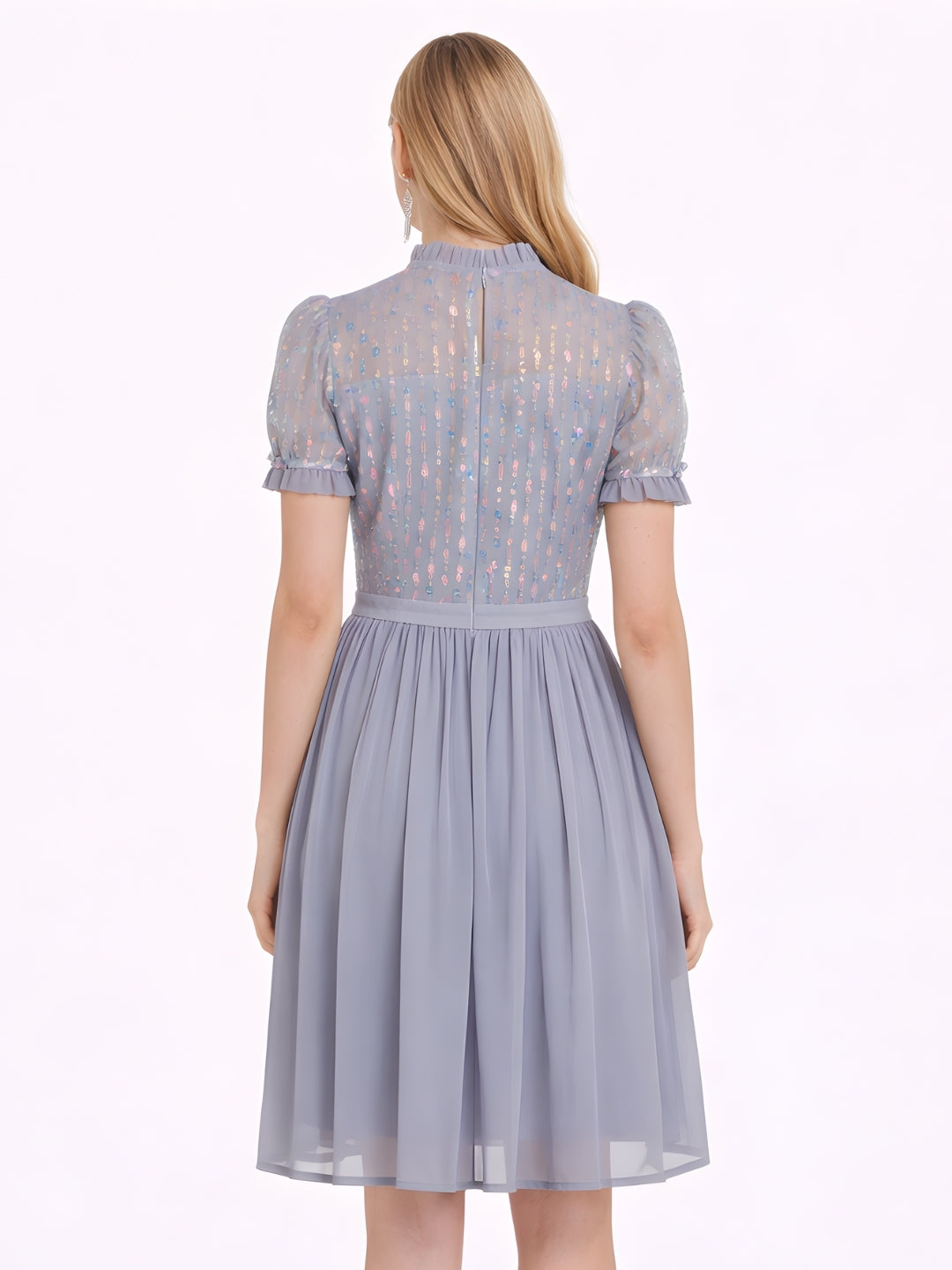 Grey Embellished Puff Sleeve Short Dress