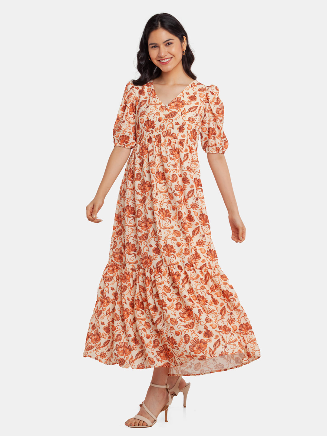Beige Printed Empire Maxi Dress