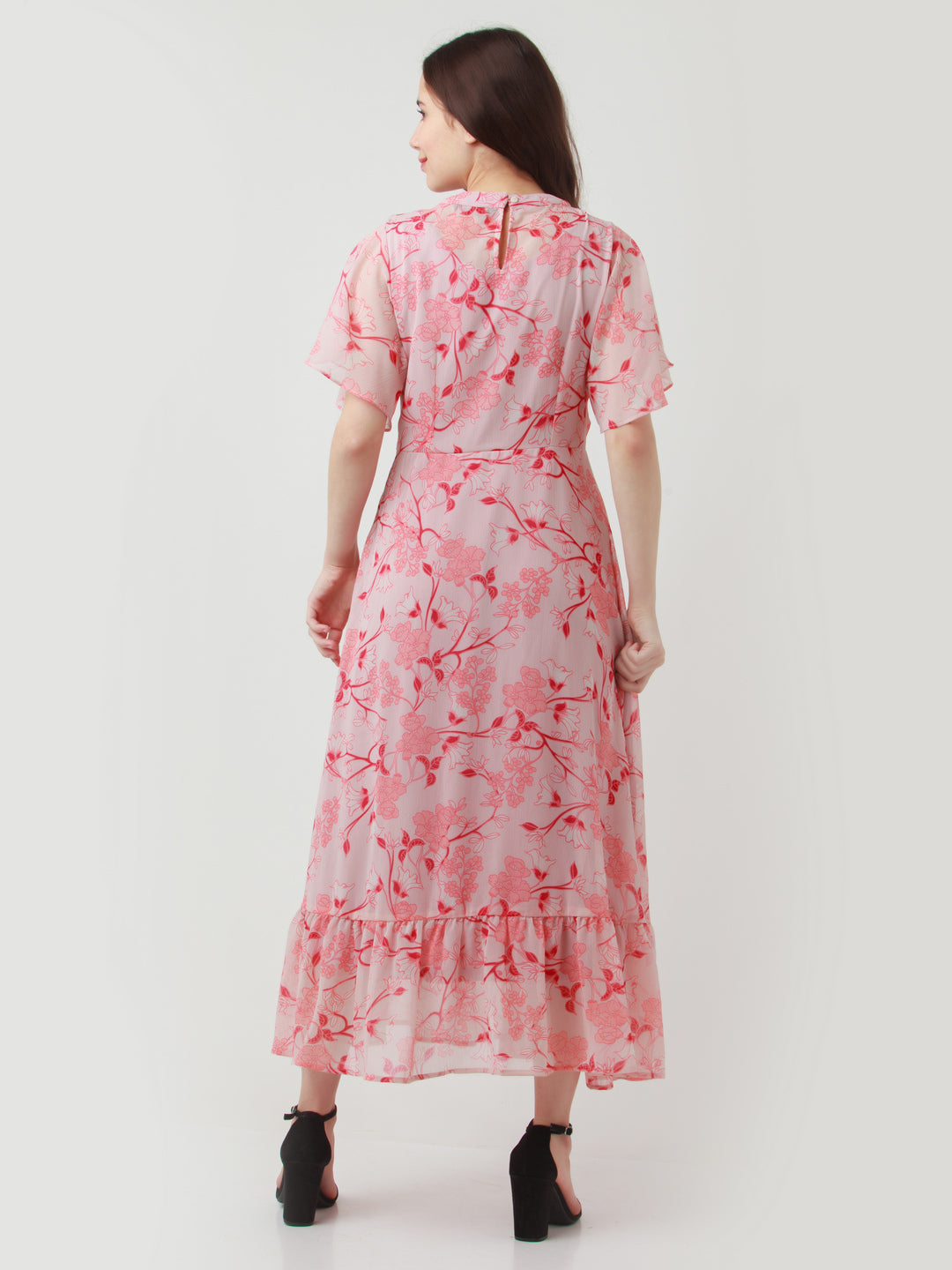 Pink Printed Gathered Maxi Dress