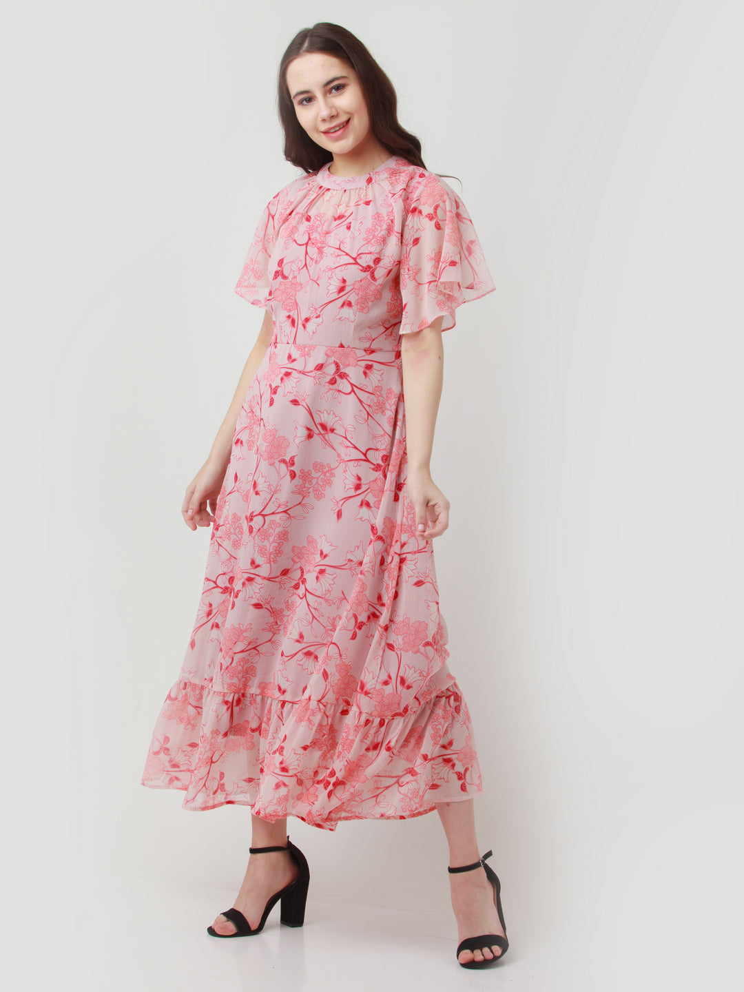 Pink Printed Gathered Maxi Dress