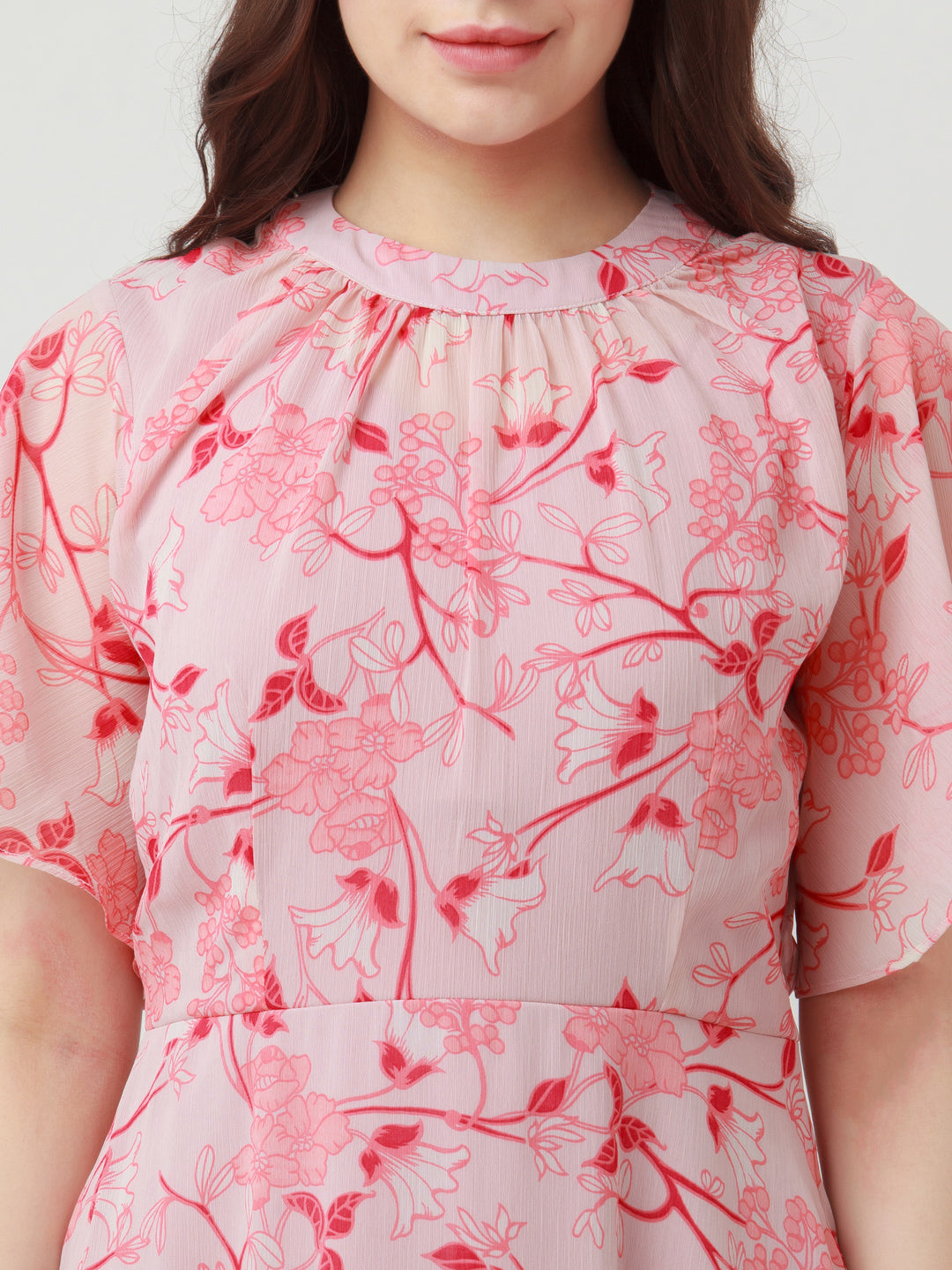 Pink Printed Gathered Maxi Dress