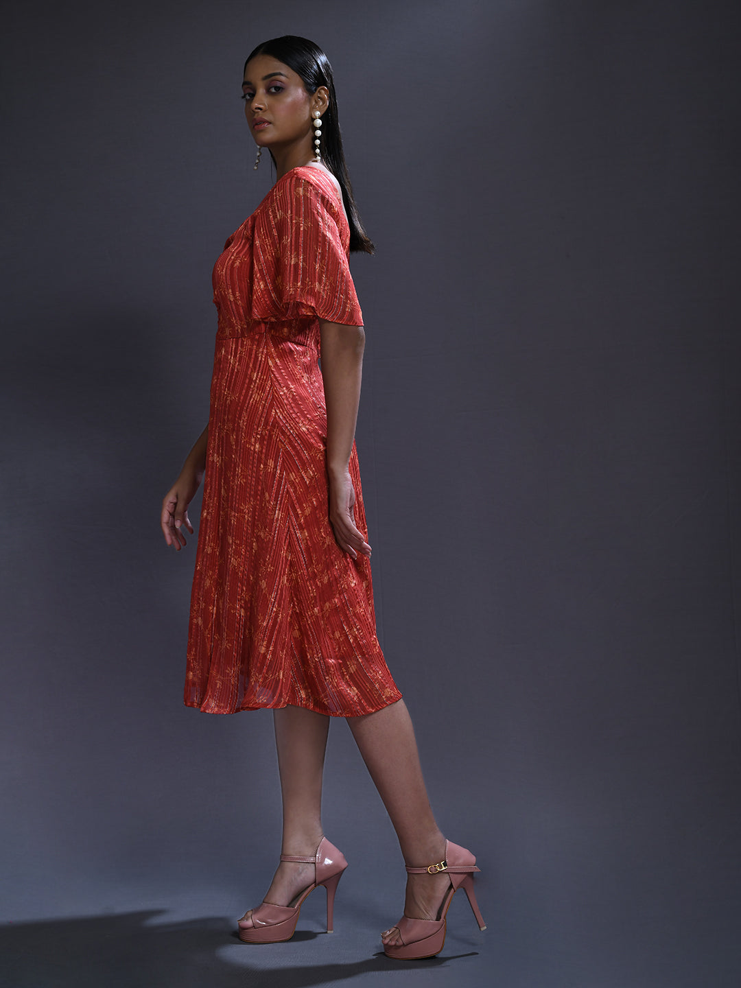 Rust Printed Midi Dress