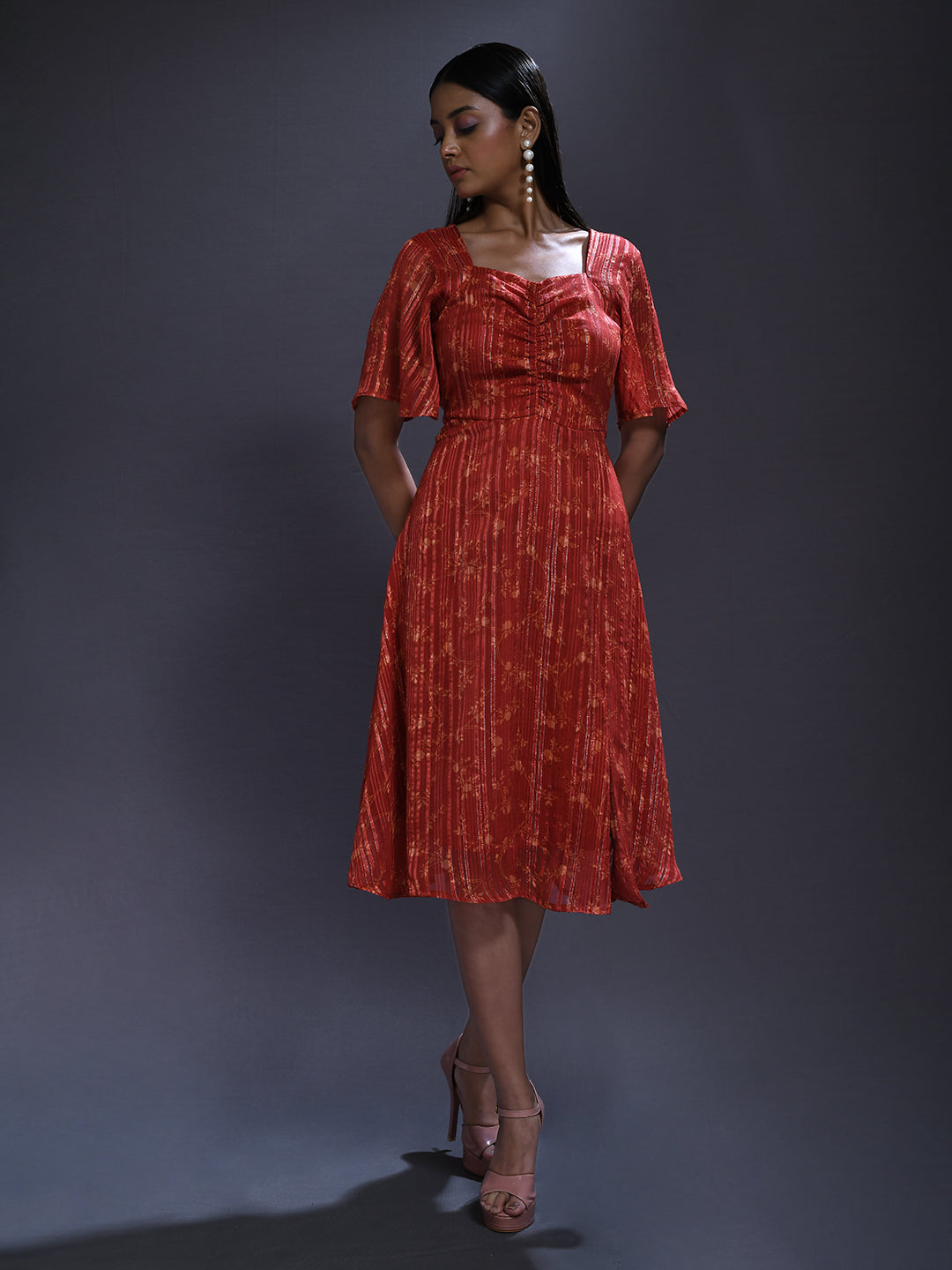 Rust Printed Midi Dress