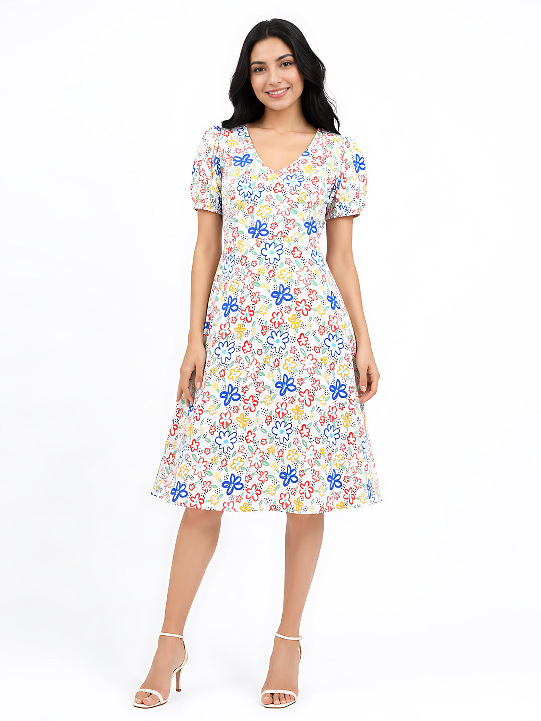 White Quirky Printed Regular Midi Dress