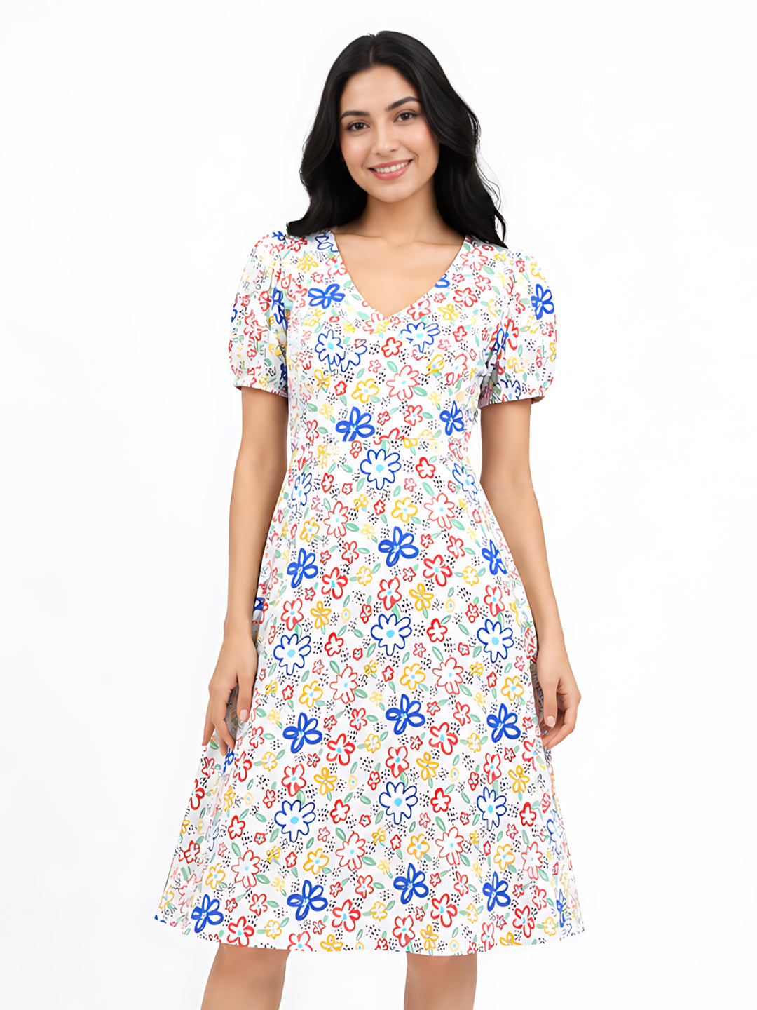 White Quirky Printed Regular Midi Dress
