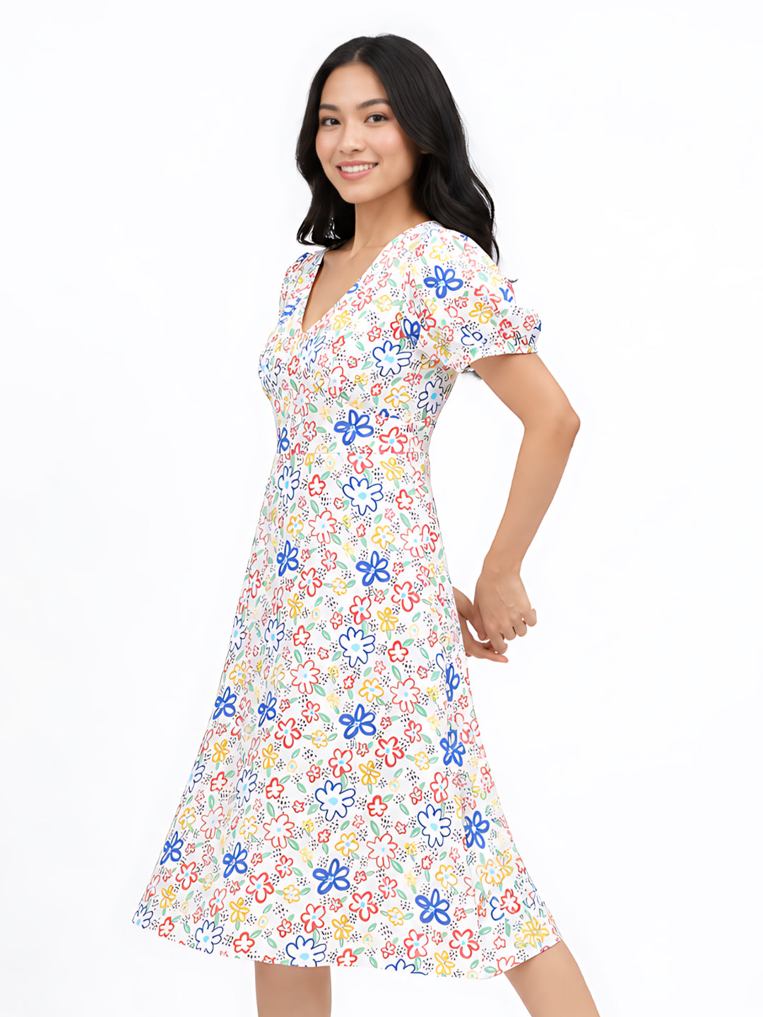 White Quirky Printed Regular Midi Dress