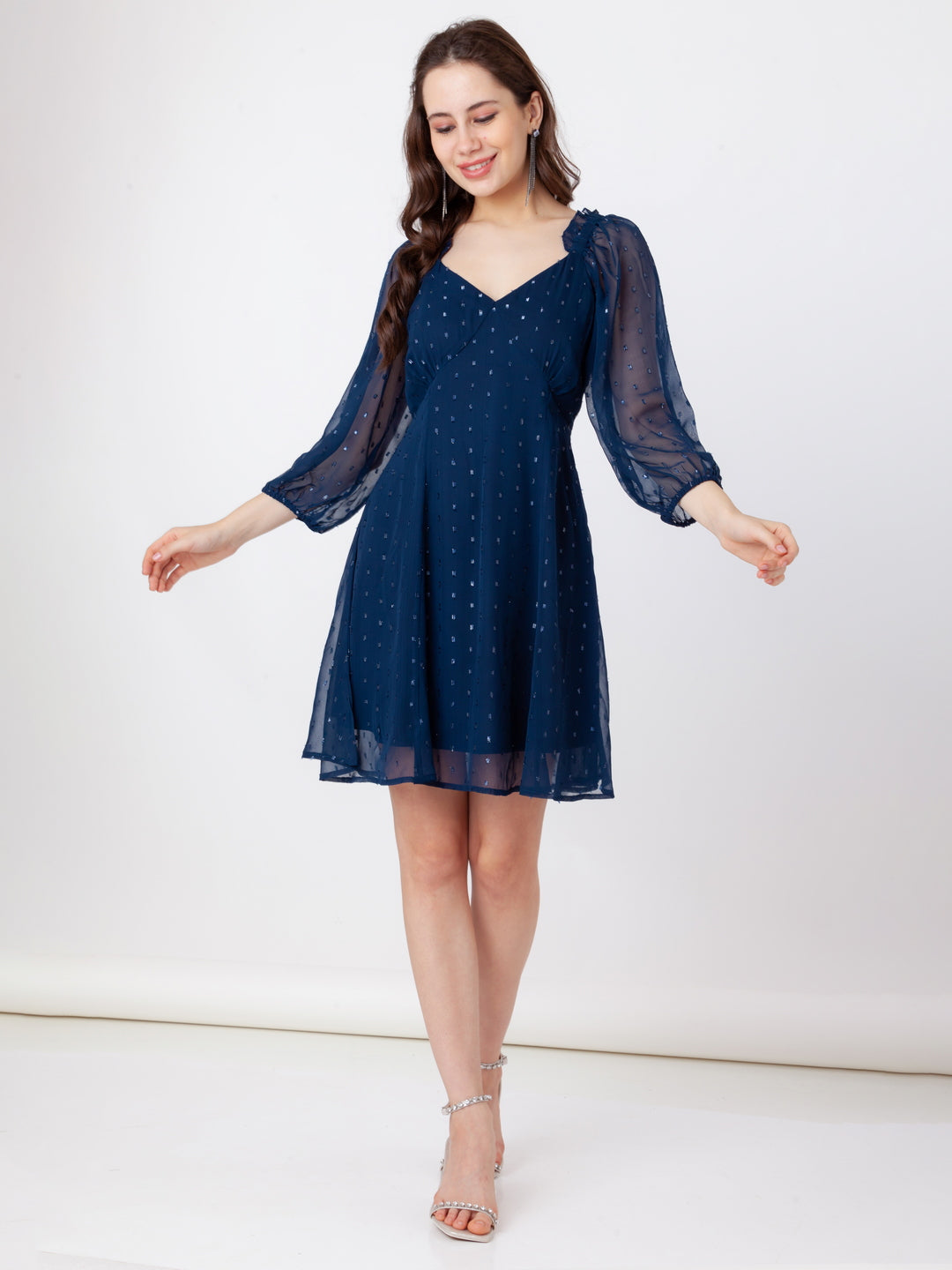 Blue Self Design A-Line Short Dress