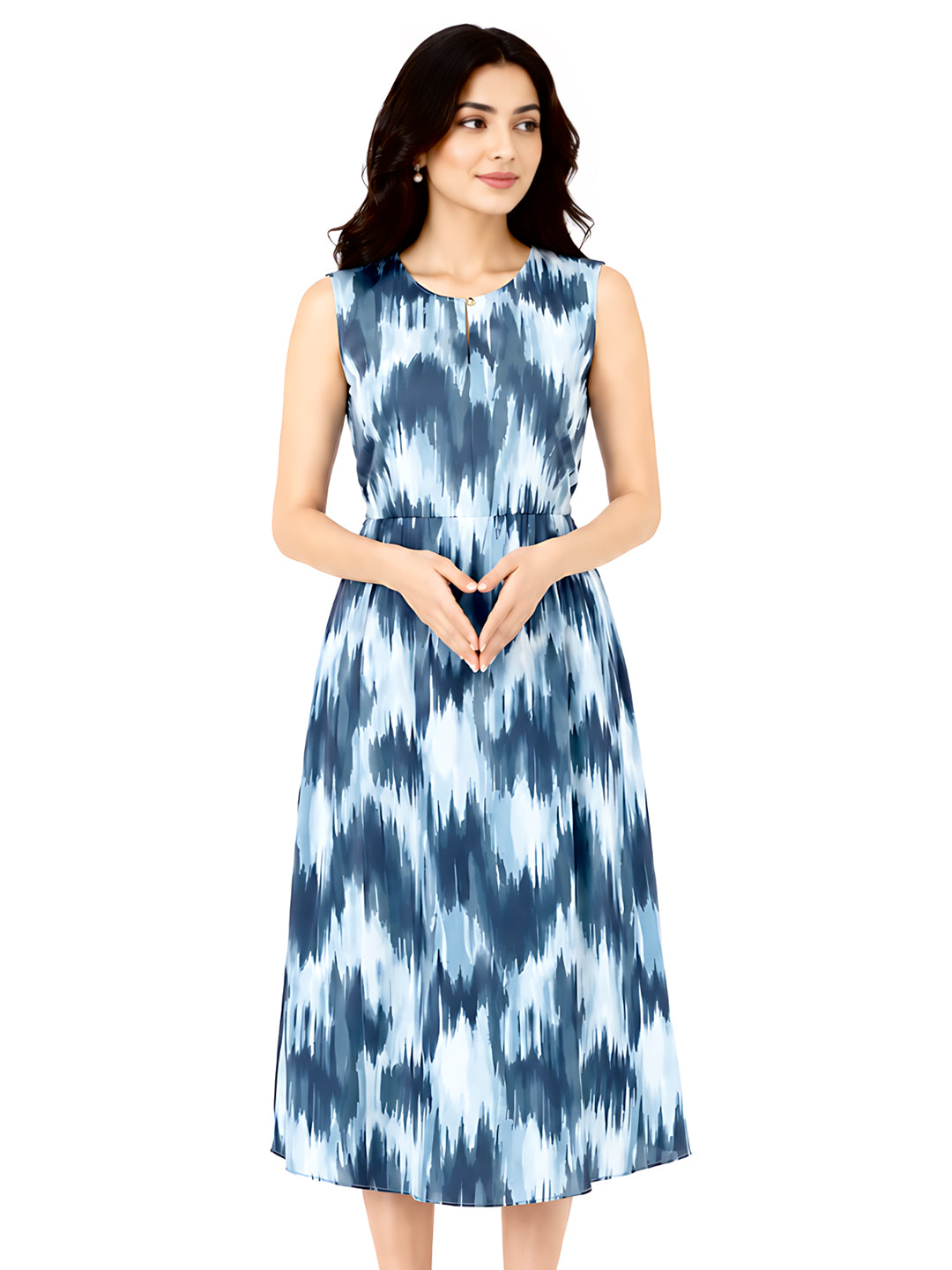 Blue Printed Flared Midi Dress