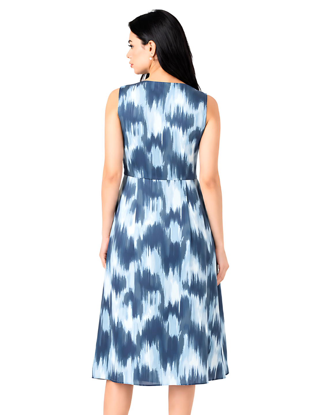 Blue Printed Flared Midi Dress