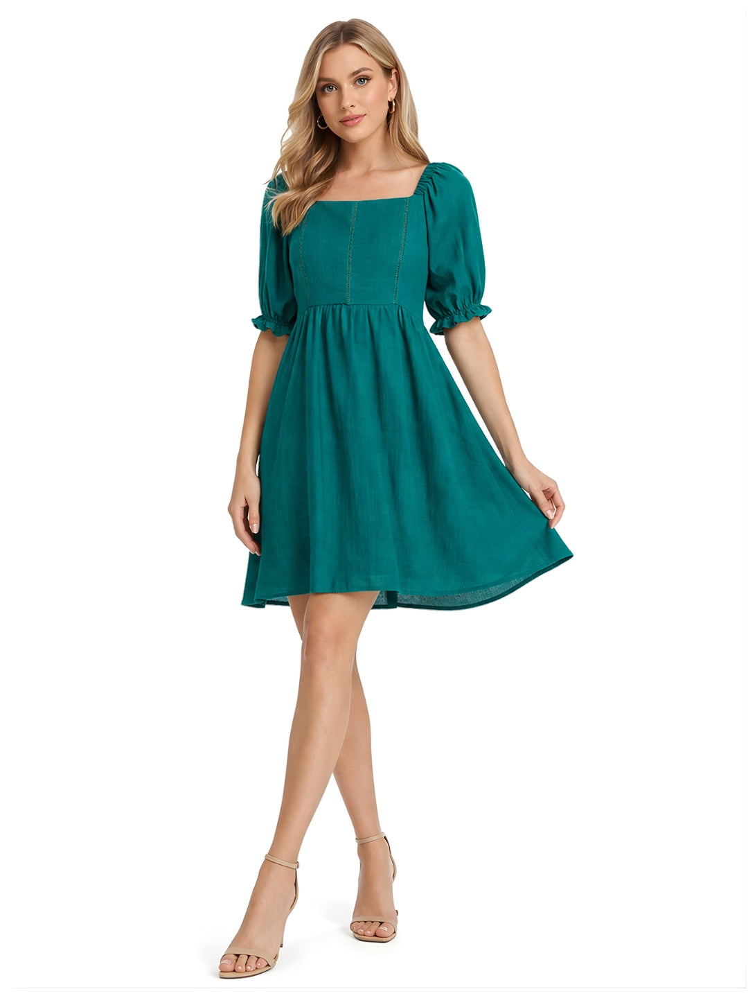 Green Solid Flared Short Dress