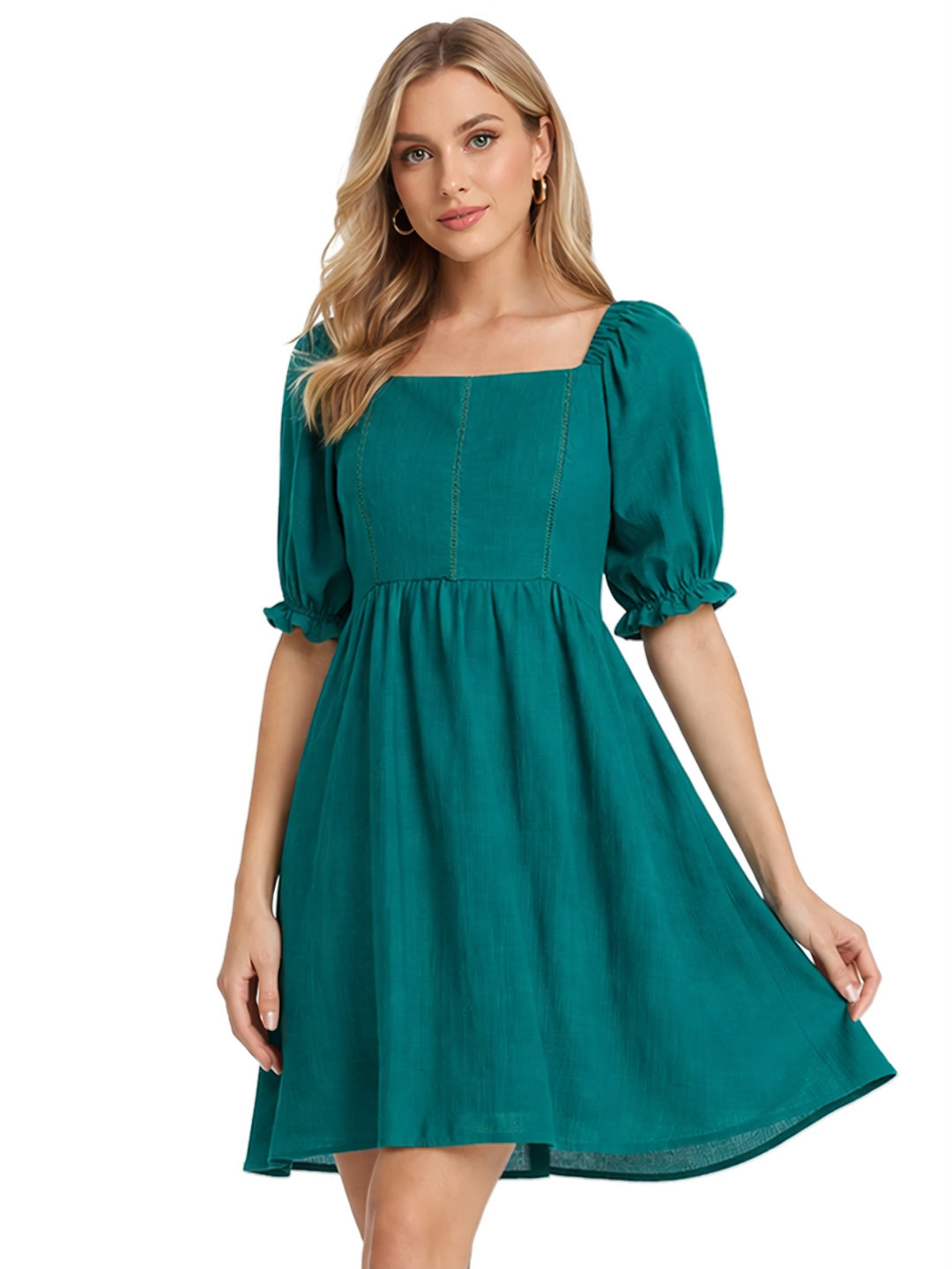 Green Solid Flared Short Dress
