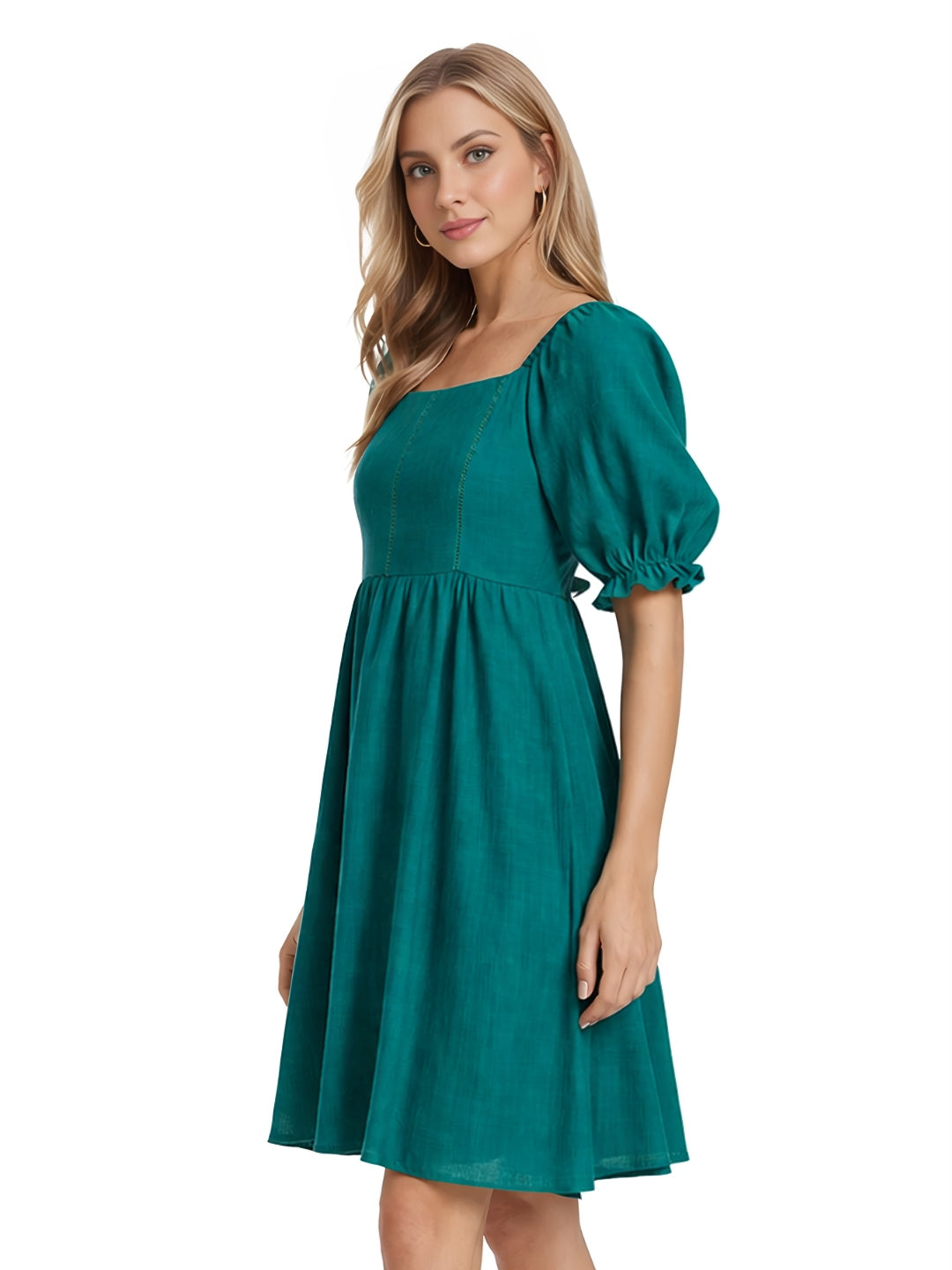 Green Solid Flared Short Dress