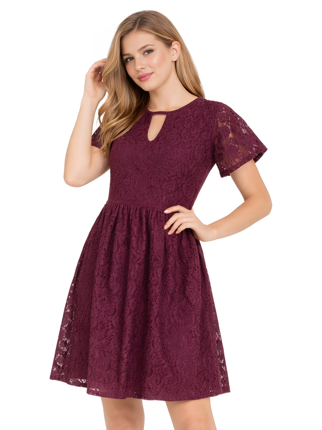 Wine Self Designed Regular Short Dress