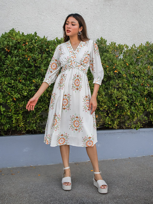 White Floral Printed Flared Midi Dress