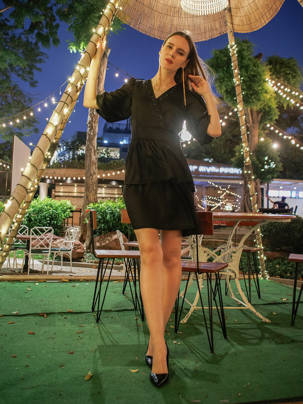 Black Solid Layered Short Dress