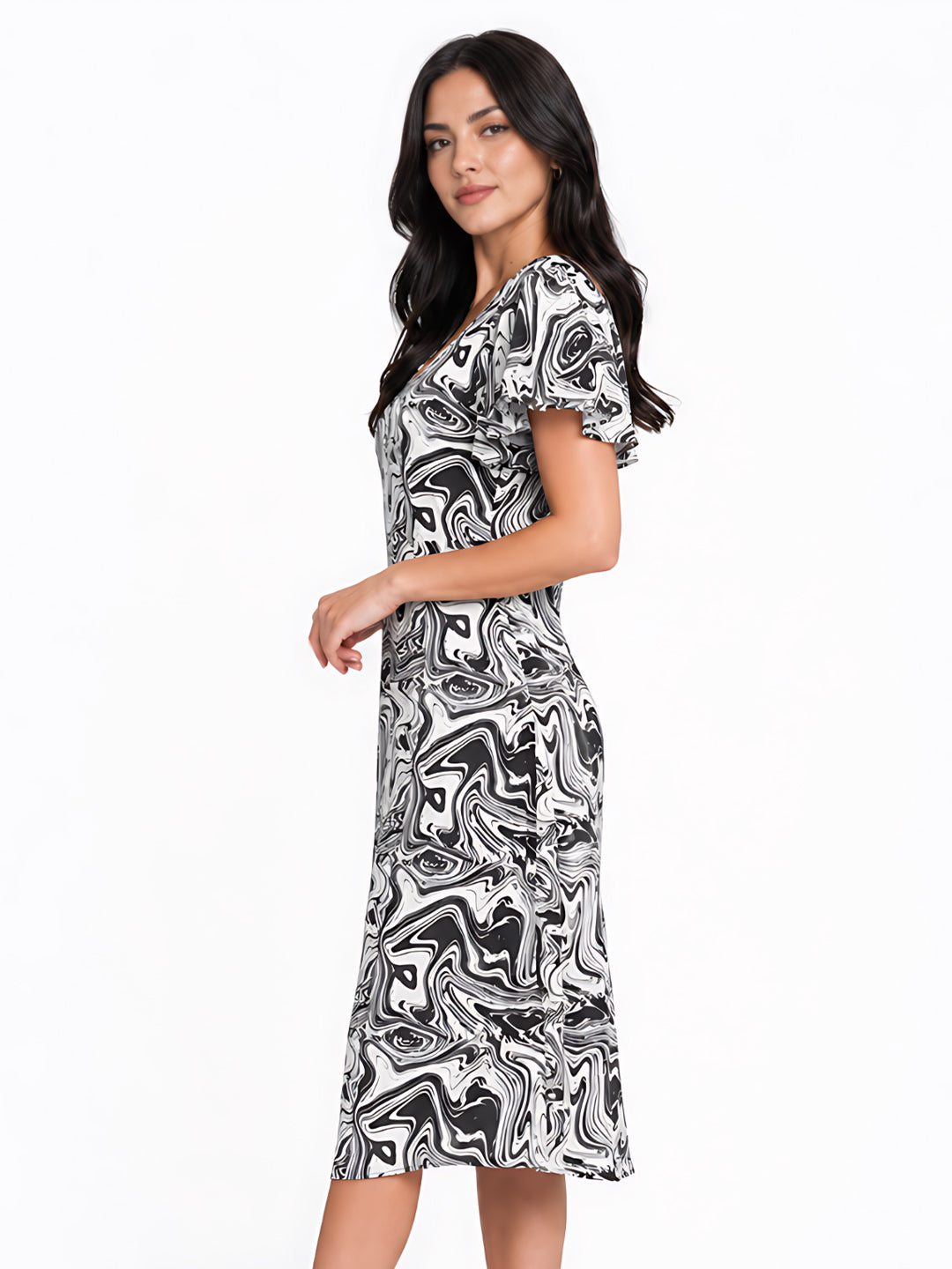 White Abstract Flared Midi Dress