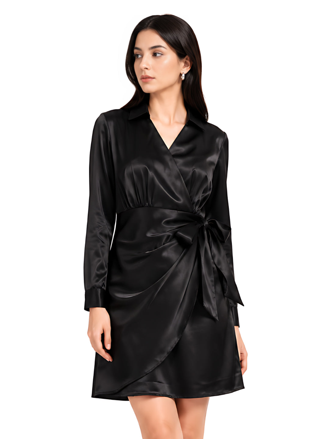 Black Solid Self Design Wrap Mini Dress