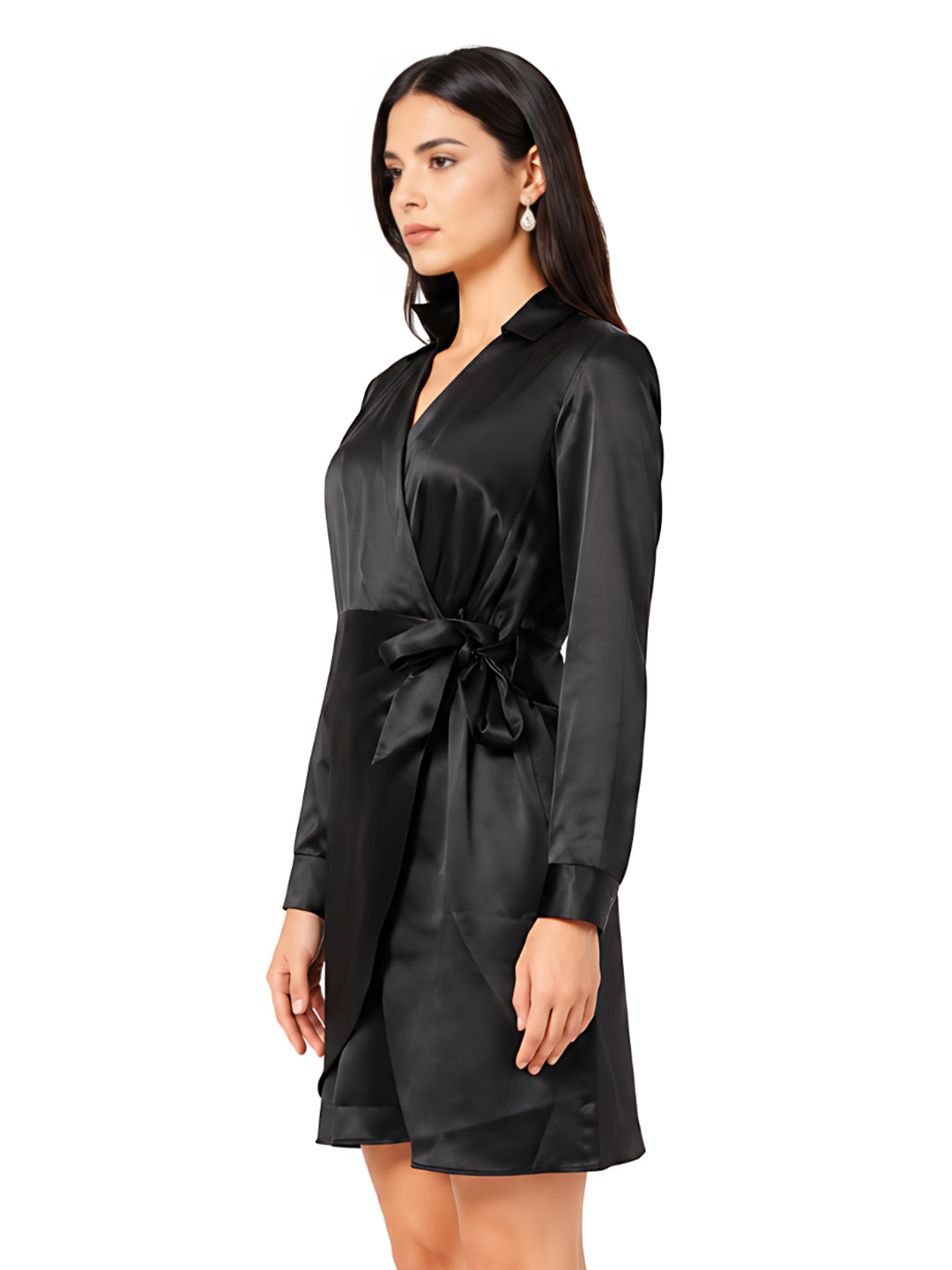 Black Solid Self Design Wrap Mini Dress