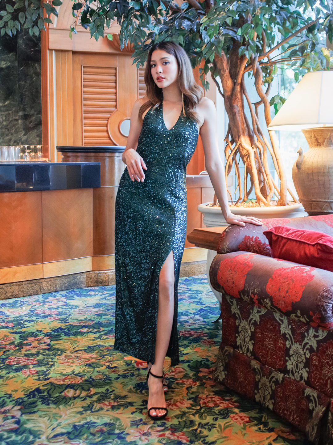Buy Green Shimmer Cut-Out Maxi Dress - Zink London Buy Green Shimmer Cut-Out Maxi Dress - Zink London