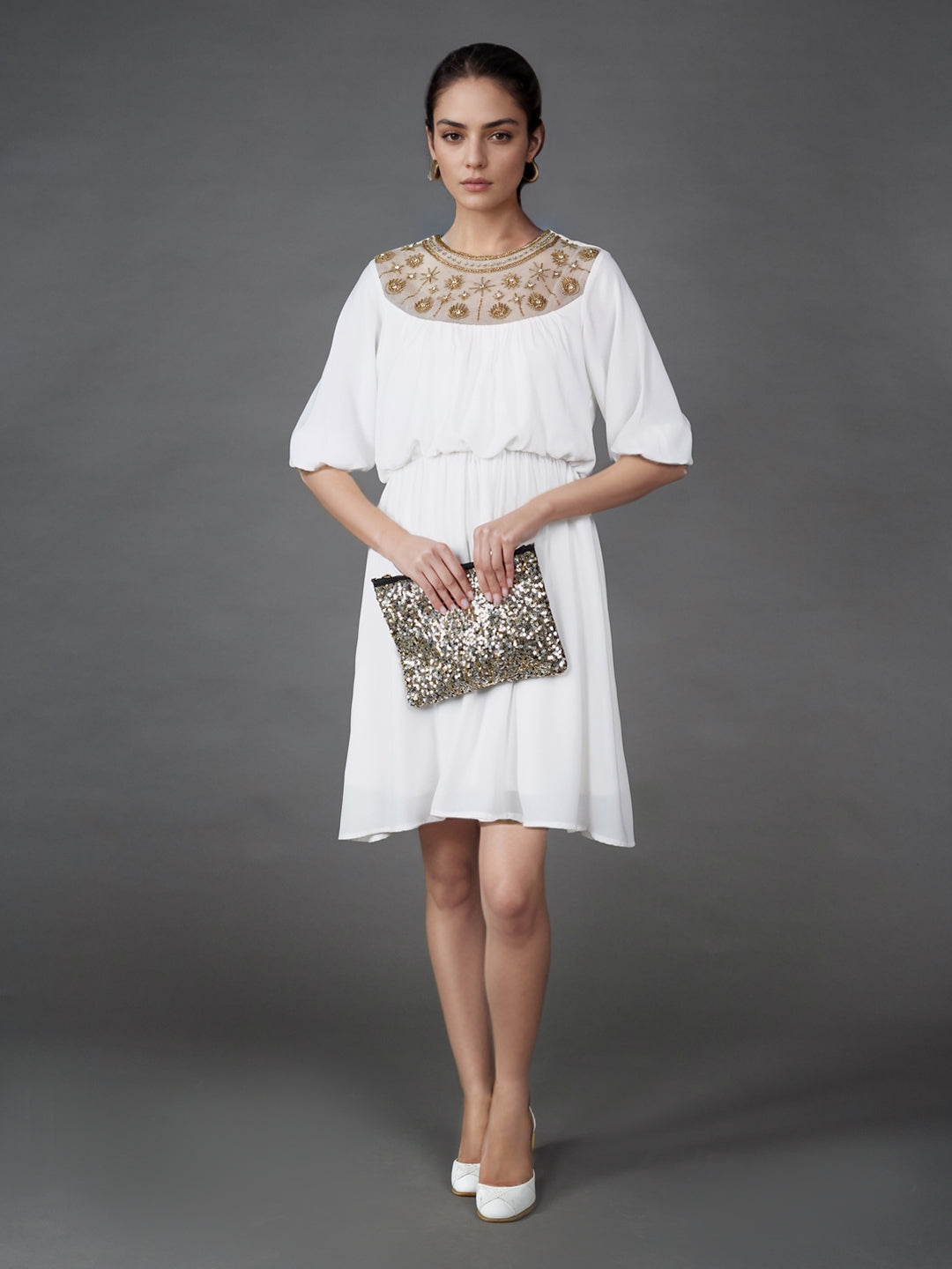 Mini Dress with Embroidery and Scalloped Hem - White